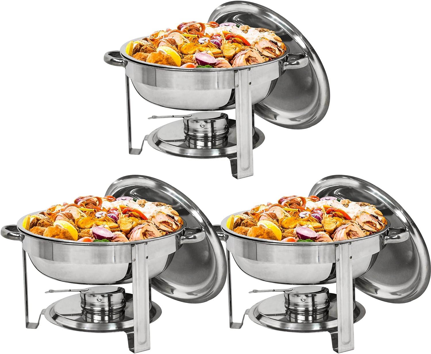 ZENY Pack of 3 Round Chafing Dish Full Size 5 Quart Stainless Steel Deep Pans Chafer Dish Set Buffet Catering Party Events Warmer Serving Set Utensils w/Fuel Holder