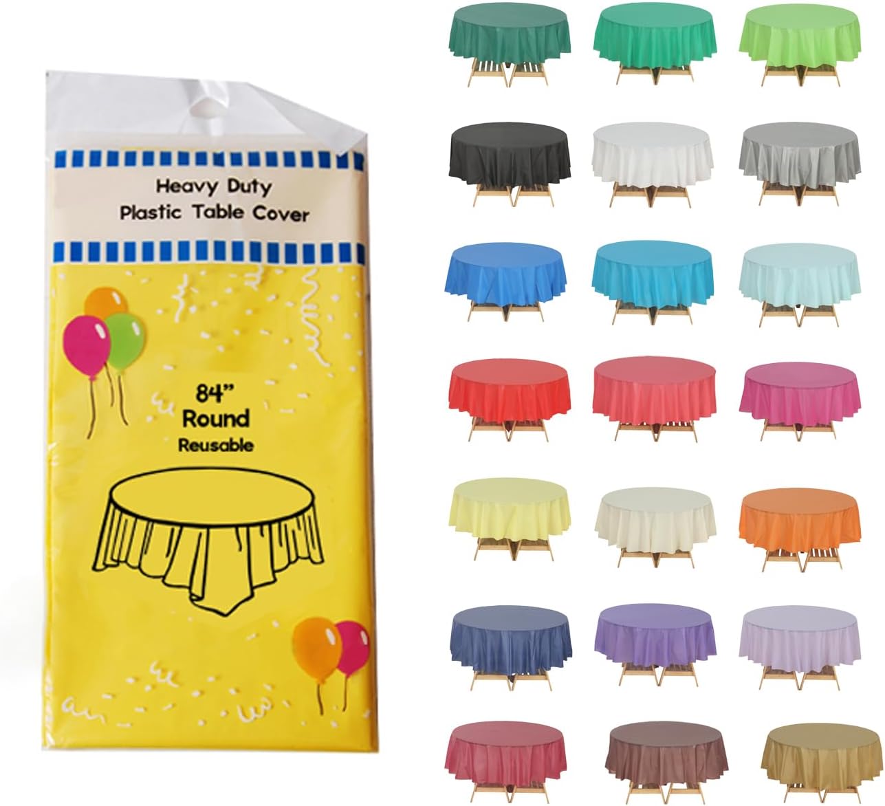 Evershine 6 Pack Heavy Duty Plastic Tablecloth, Round 84 Inch Yellow Plastic Round Table Covers Tablecloth.