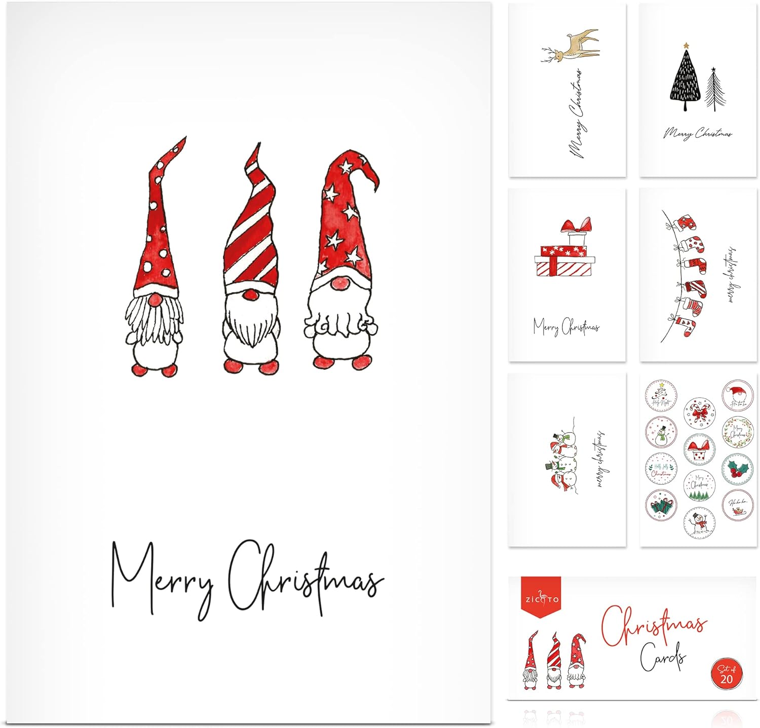 ZICOTO Beautiful Modern Christmas Cards Set of 20 - Incl. Bulk Envelopes, Matching Stickers And Storage Box - Perfect to Send Warm Holiday Wishes to Friends and Family