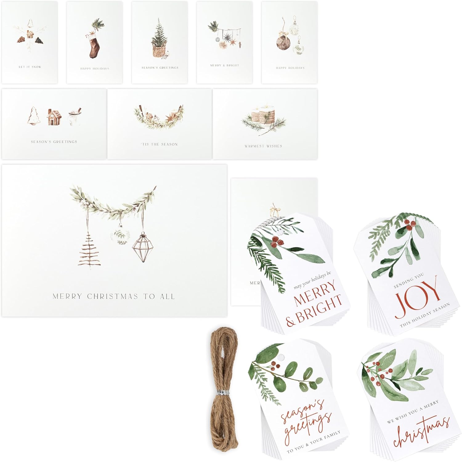 Beautiful Christmas Tags and Modern Rustic Christmas Cards Bundle - 48 Craft Lables and Card Set of 20