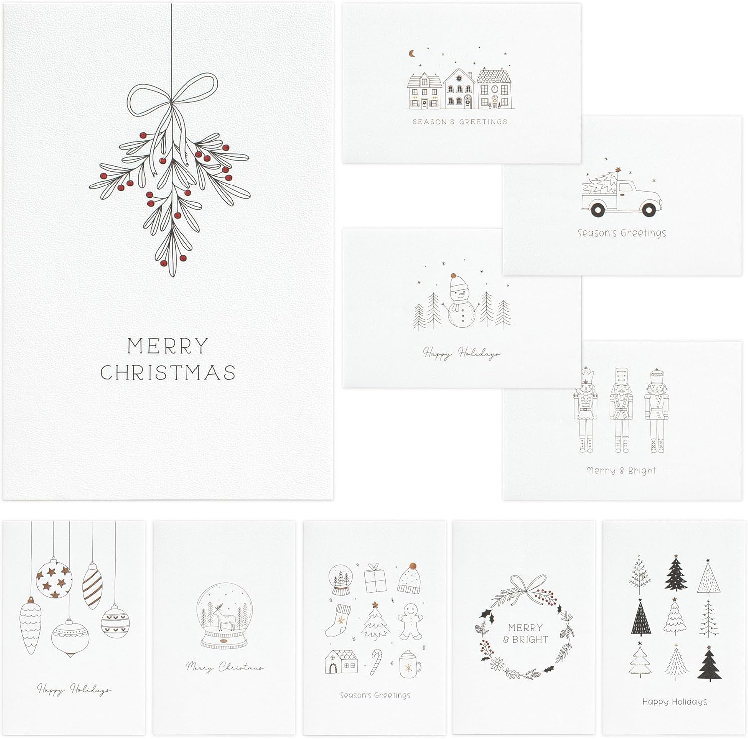 ZICOTO Beautiful Doodle Christmas Cards Set of 20 - Incl. Bulk Envelopes, Matching Stickers And Storage Box - Perfect to Send Warm Holiday Wishes to Friends and Family