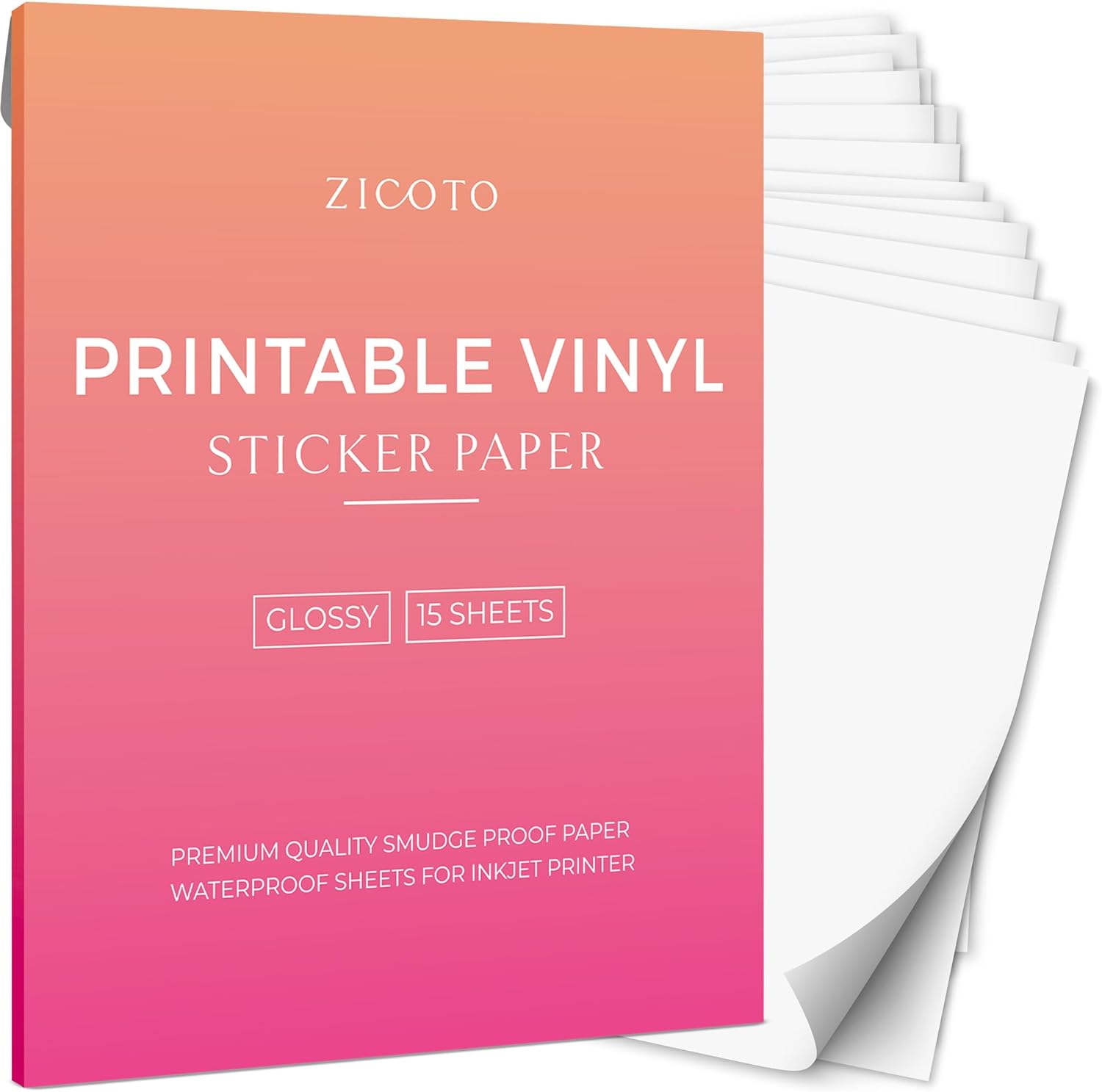 ZICOTO Premium Printable Vinyl Sticker Paper - Glossy White 8.5 x 11 inch Sheets for Your Inkjet Or Laser Printer - 15 Waterproof Decal Paper Sheets Dry Quickly and Hold Ink Beautifully