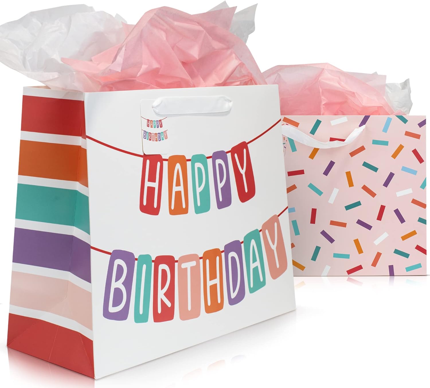 Beautiful Birthday Gift Bags Set of 2 - Large 16 Bags with Handles incl. Matching Tissue Paper, Cards & Stickers - Reusable and Perfect For Presents of Any Girls/Boys Kids Party & Special Occasion