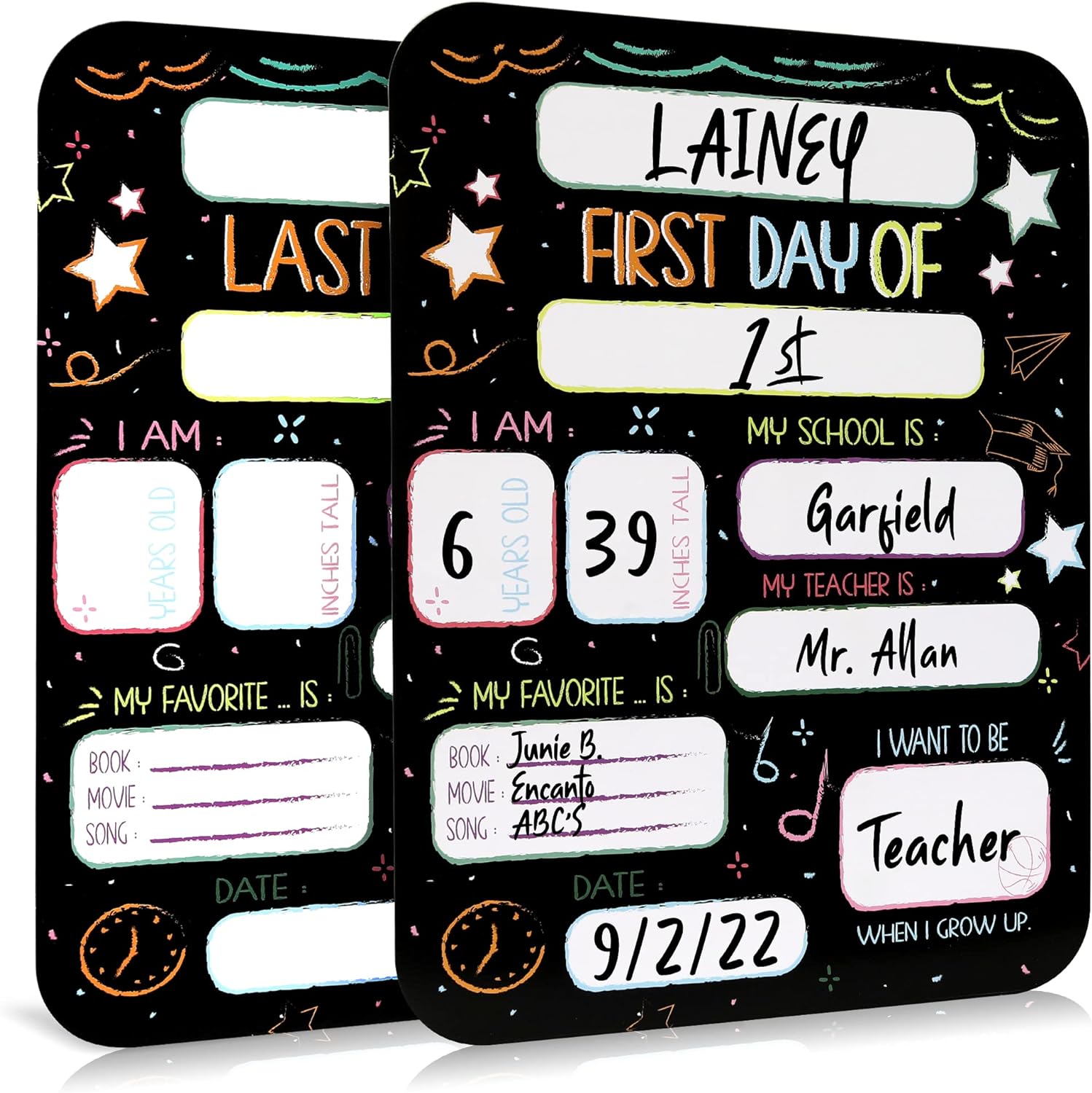 Beautiful First and Last Day of School Board Signs Set of 12 - Reversible 12 x 9 Back to School Cards for Lasting Memories - Perfect Photo Prop Chalkboard Prints for Kindergarten or School