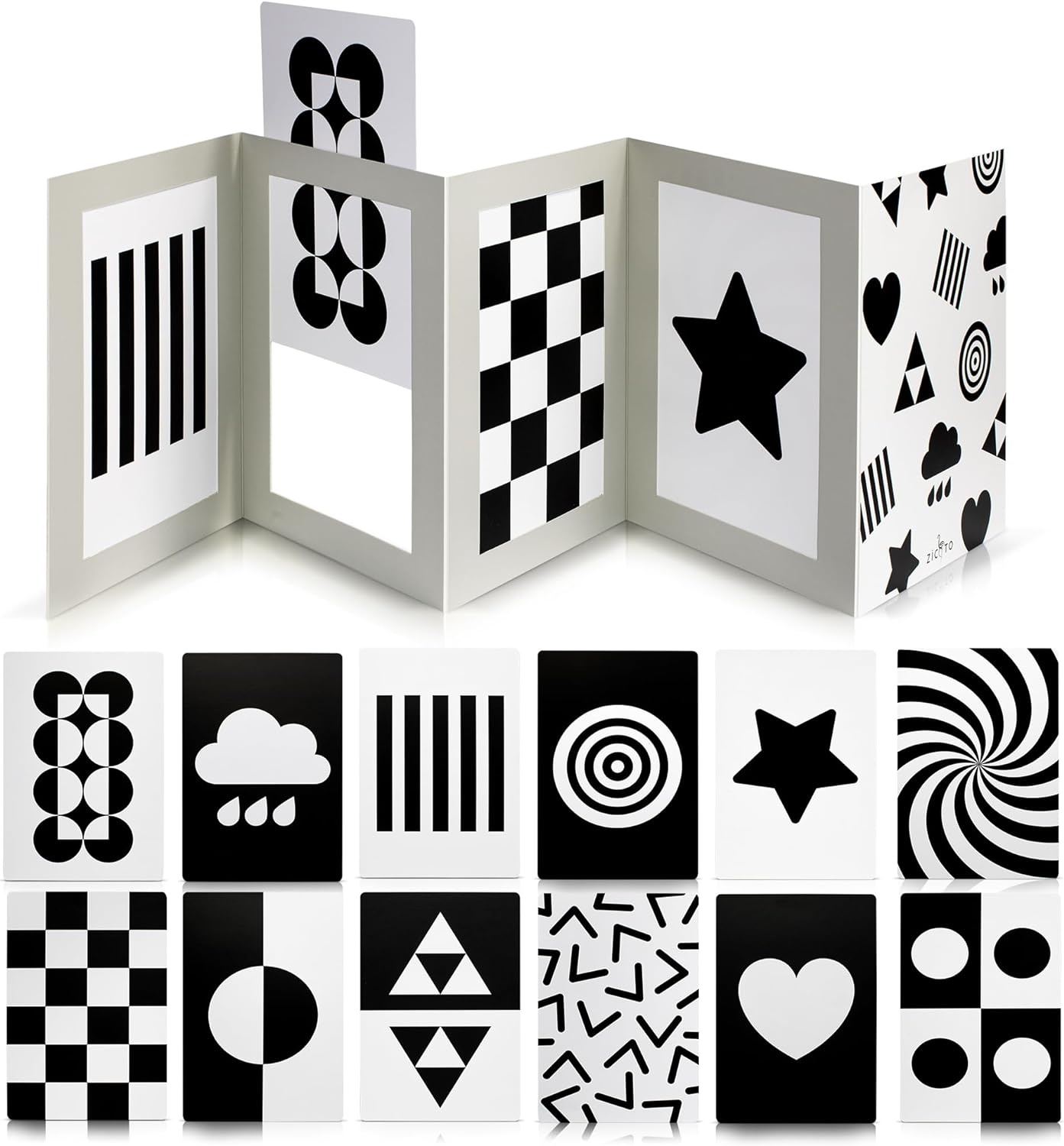 High Contrast Tummy Time Toy For Baby With Large Black and White Cards - Stimulating Sensory Development Boards & Mirror For Babies & Infants 0-3 Months - Twelve Montessori Patterns That Newborns Love