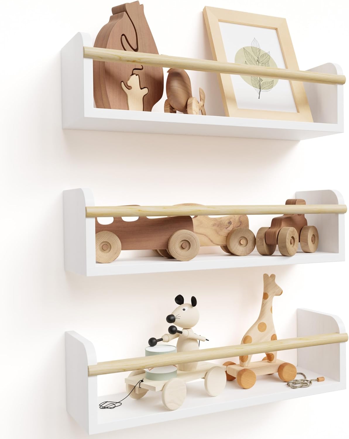 Decorative Nursery Bookshelves for Kids - Set of 3 Easy to Install Floating Shelves for Wall Mount - Beautiful Hanging Organizer Furniture for Your Baby Boy or Girl' Bedroom and Play Room Decor