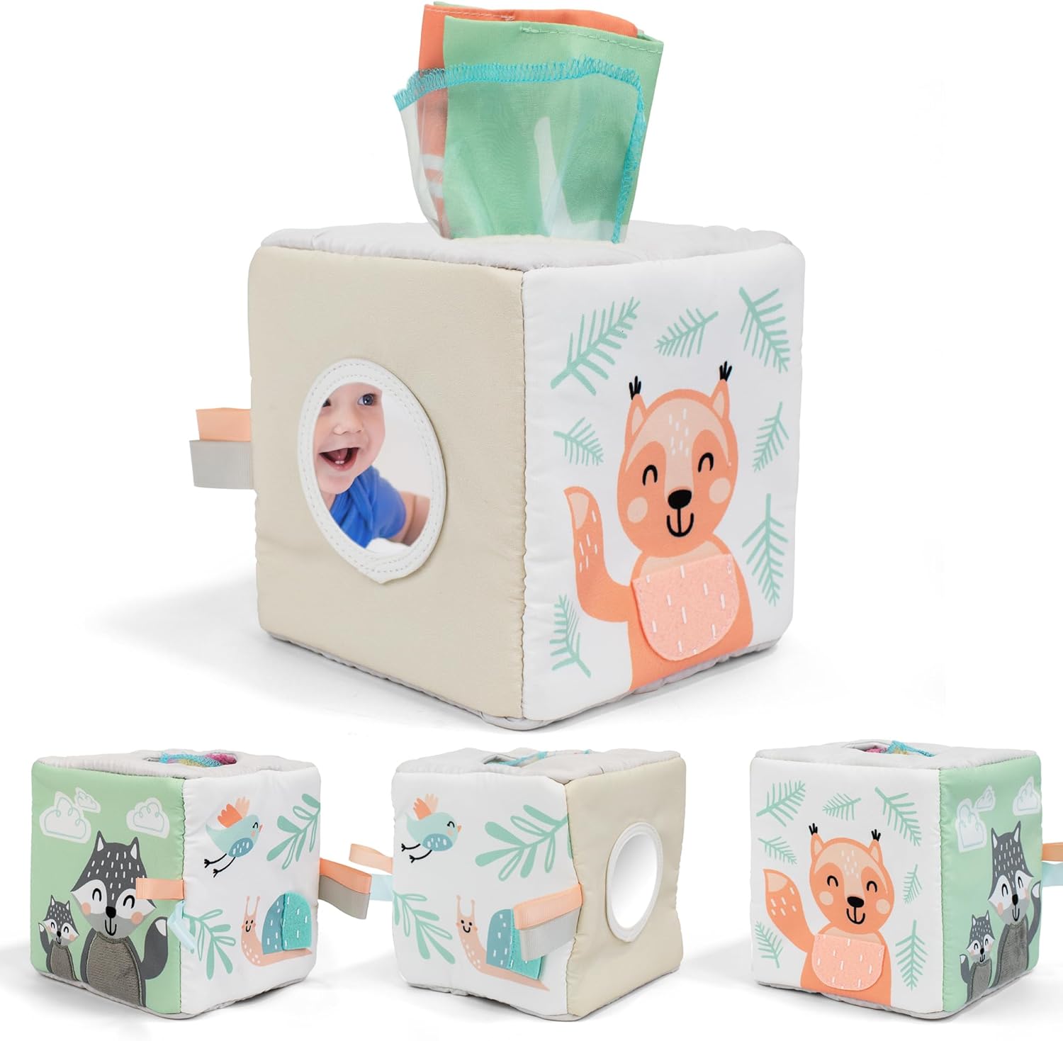 Fun Baby Tissue Box with Stimulating Mirror For Endless Entertainment - Soft Montessori Toy w/ Crinkle Paper & Fabric Tissues - The Perfect Sensory Toy For Newborn/Infant Development From 6-12  Months