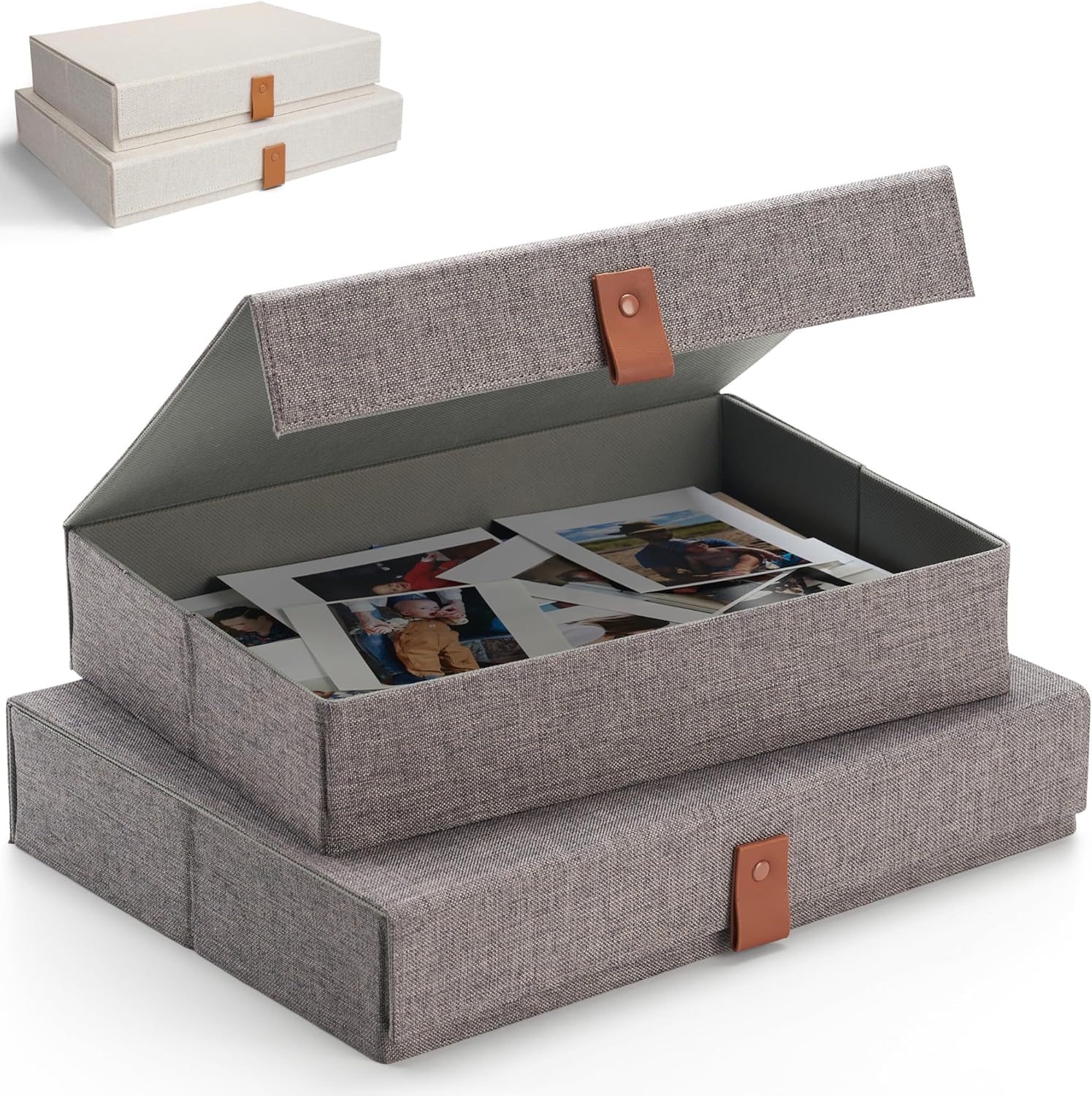 Decorative Photo Storage Boxes with Lids - Set of 2 Beautiful Linen Organizers Are Perfect to Safely Store Your Pictures, Documents, Scrapbooking Supplies, Keepsakes and Other Memories in Style