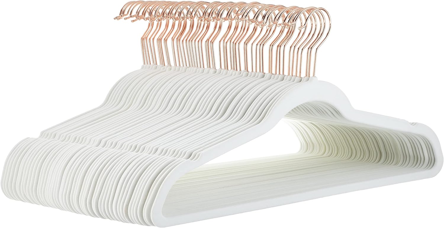 Amazon Basics Slim, Velvet, Non-Slip Suit Clothes Hangers, Ivory/Rose Gold - Pack of 50