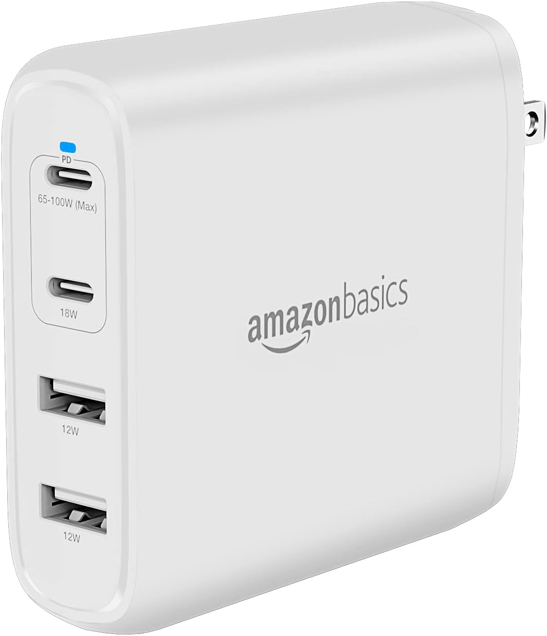 Amazon Basics 100W Four-Port GaN Wall Charger with 2 USB-C (100W, 18W) & 2 USB-A Ports (12W) with PD for Laptops, Tablets & Phones (iPhone 15/14/13/12/11/X,iPad,MacPro, Samsung & more), non-PPS, White