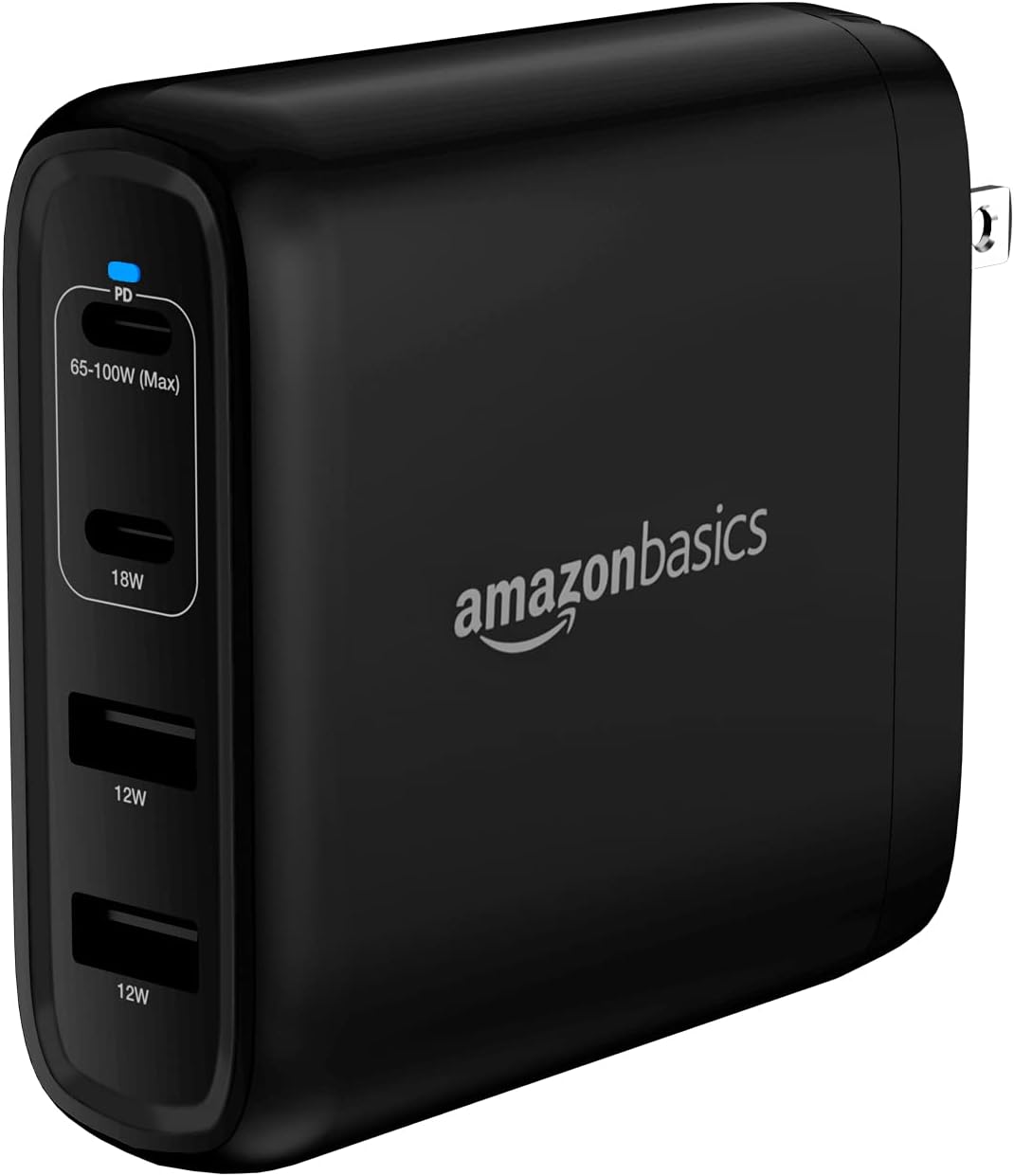 Amazon Basics 100W Four-Port GaN Wall Charger with 2 USB-C (100W, 18W) & 2 USB-A Ports (12W) with PD for Laptops, Tablets & Phones (iPhone 15/14/13/12/11/X,iPad,MacPro, Samsung & more), non-PPS, Black