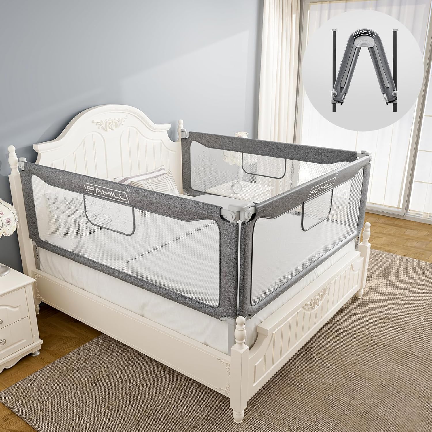 FAMILL Bed Rail for Toddlers, 2 Minutes Quick Assembly Foldable Rails for Queen, King Size, Full Size, Twin Bed, Bed Rail with U-Shape Base, Bed Rails for King Size Bed (Grey, 78.7", 1 Side)