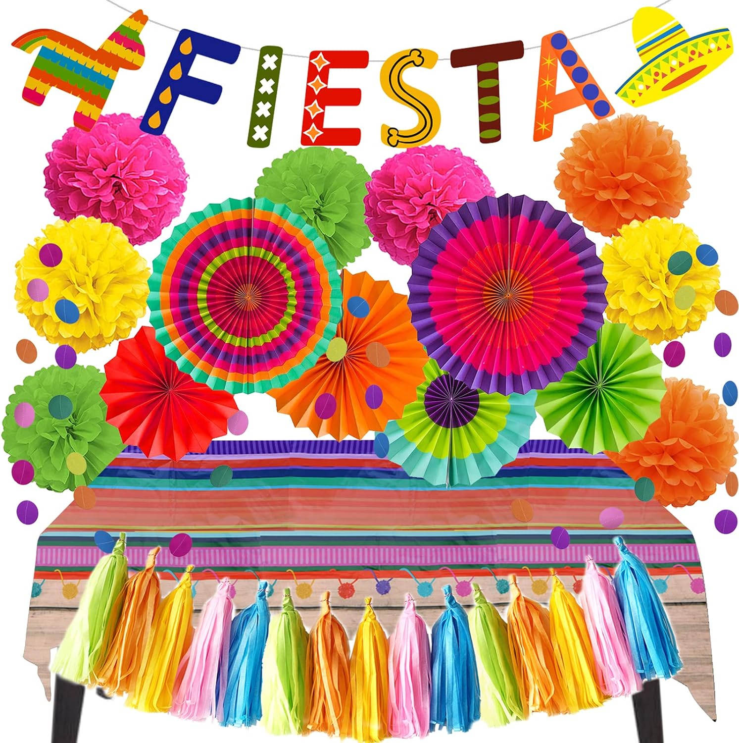 ZERODECO Fiesta Party Decorations, Multicolor Fiesta Banner Paper Fans Pompoms Tissue Paper Tassel Tablecloth Garlands String for Fiesta Mexican Theme Cinco De Mayo Coco Carnivals Festivals Party