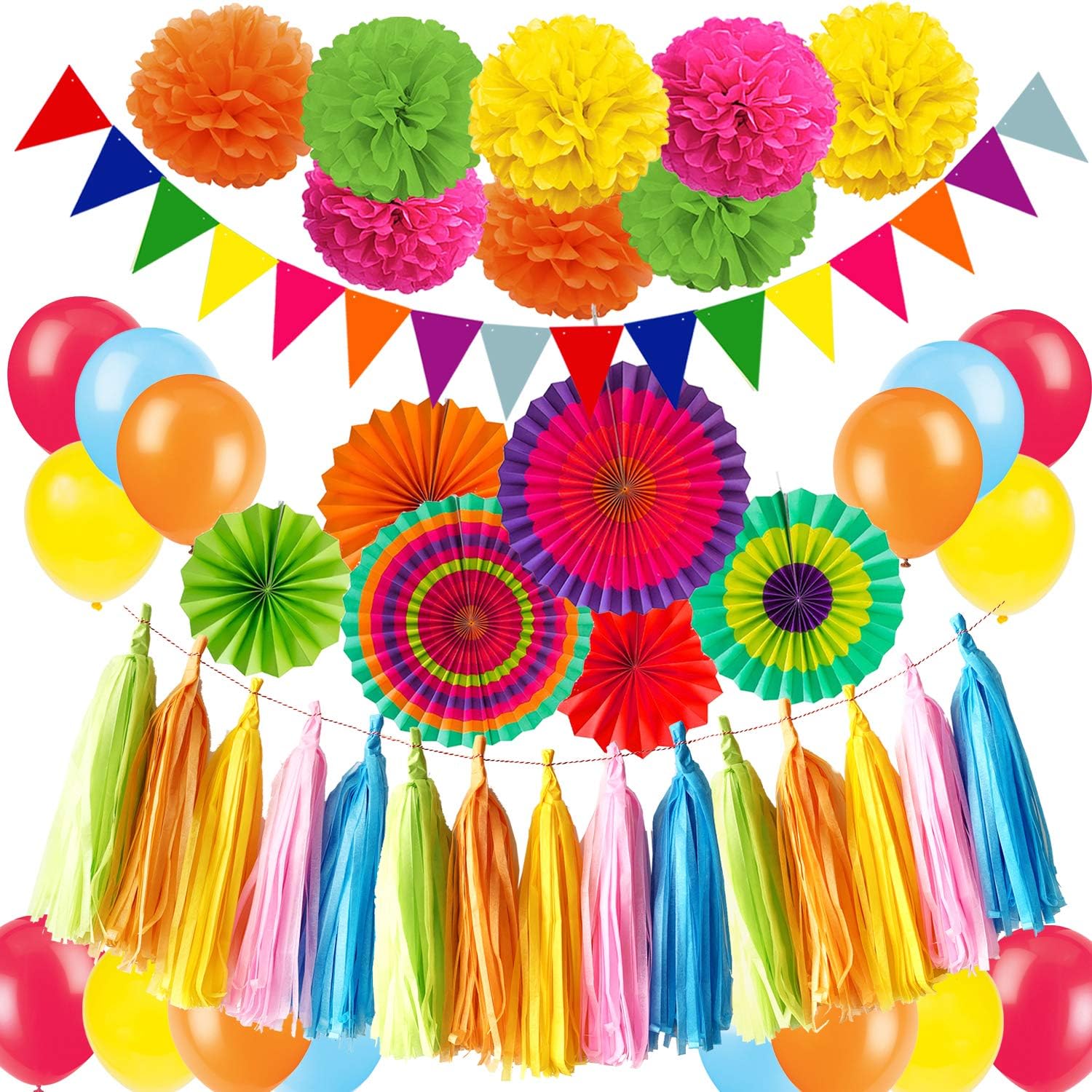 ZERODECO Holi Decorations, Multicolor Vibrant Hanging Paper Fans Pompoms Latex Balloon Tissue Paper Tassel Triangle Bunting Banner for Fiesta Mexican Cinco De Mayo Holi Decorations