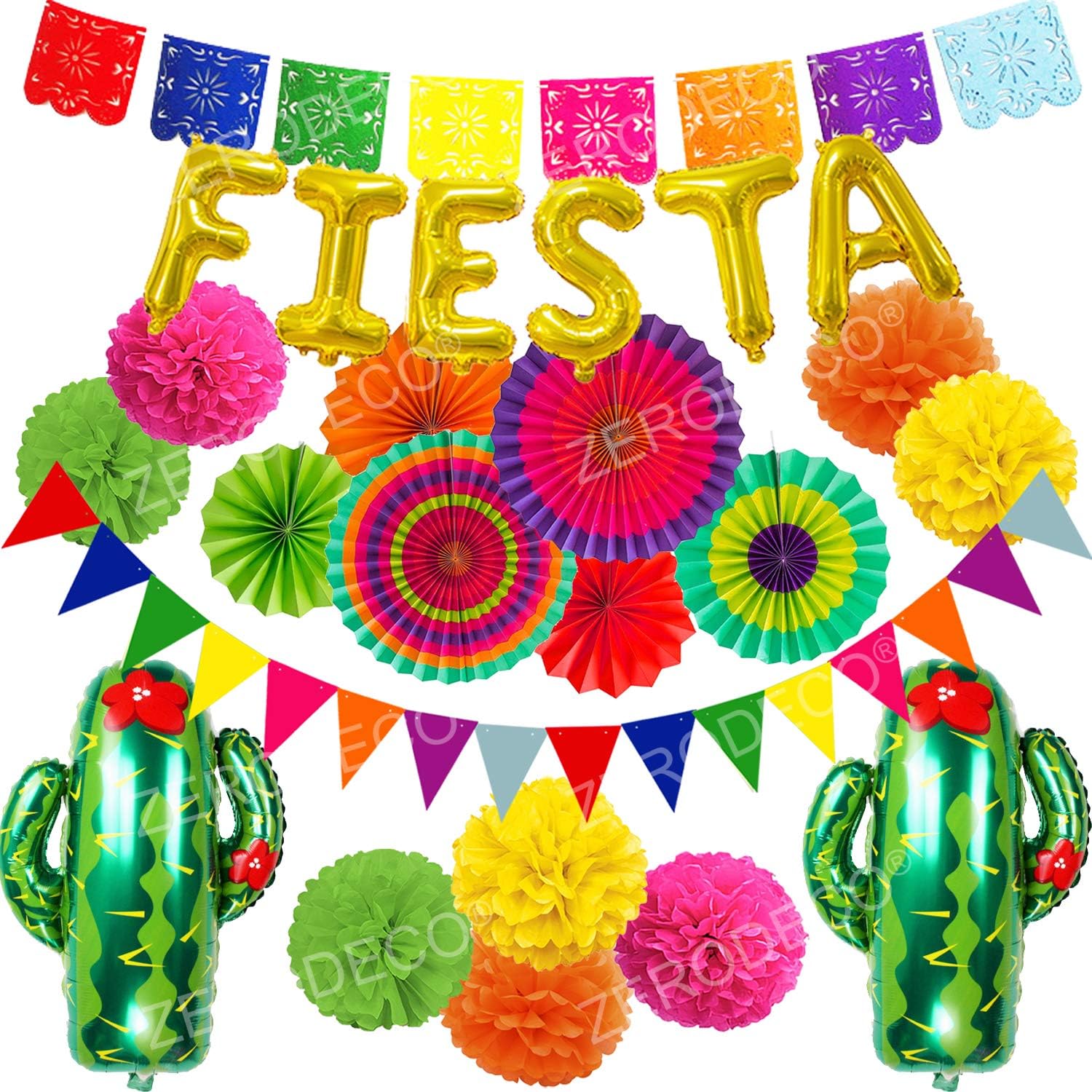 ZERODECO Fiesta Party Decoration, Multicolor Festival Mexicano Picado Banner Foil Fiesta and Cactus Balloons Paper Fan Pompoms Triangle Bunting Banner for Fiesta Mexican Cinco De Mayo Party