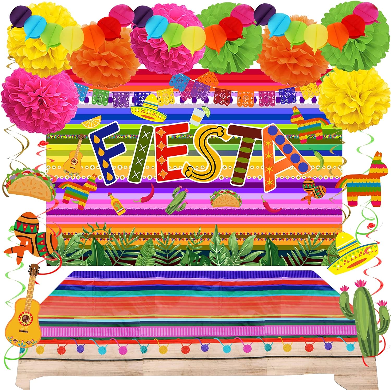 ZERODECO Party Decorations - Mexican Theme Party Backdrop, Plastic Table Cover, Multicolor Paper Pompoms, Festival Theme Swirls for Fiesta Mexicana Cinco De Mayo Luau Event Birthday Party Supplies