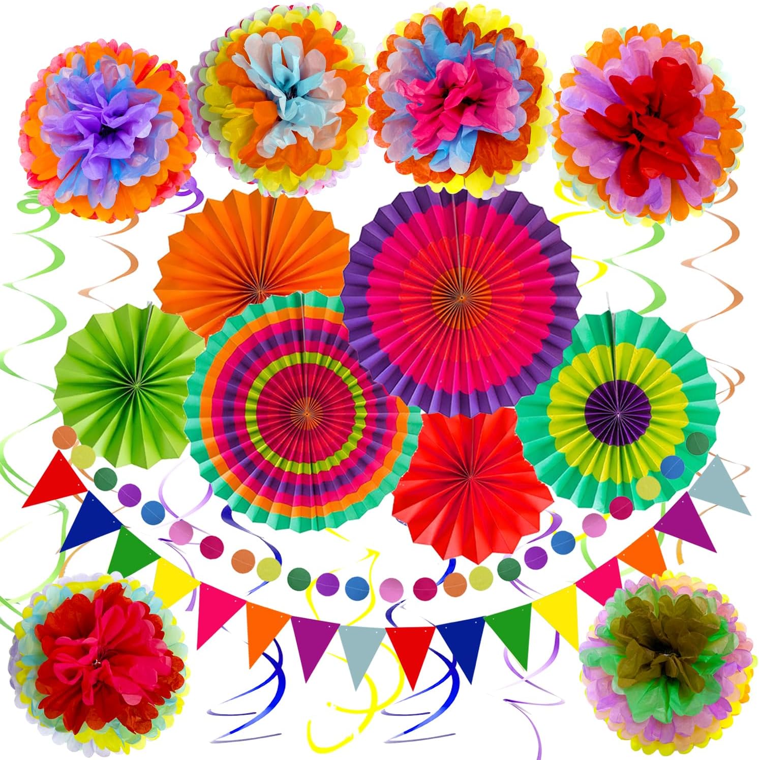 ZERODECO Multicolor Party Decorations, Fiesta Tissue Pompoms Paper Flowers with Paper Fans Garlands String and Triangle Bunting Banner Hanging Swirls for Cinco De Mayo Birthday Fiesta or Mexican Party