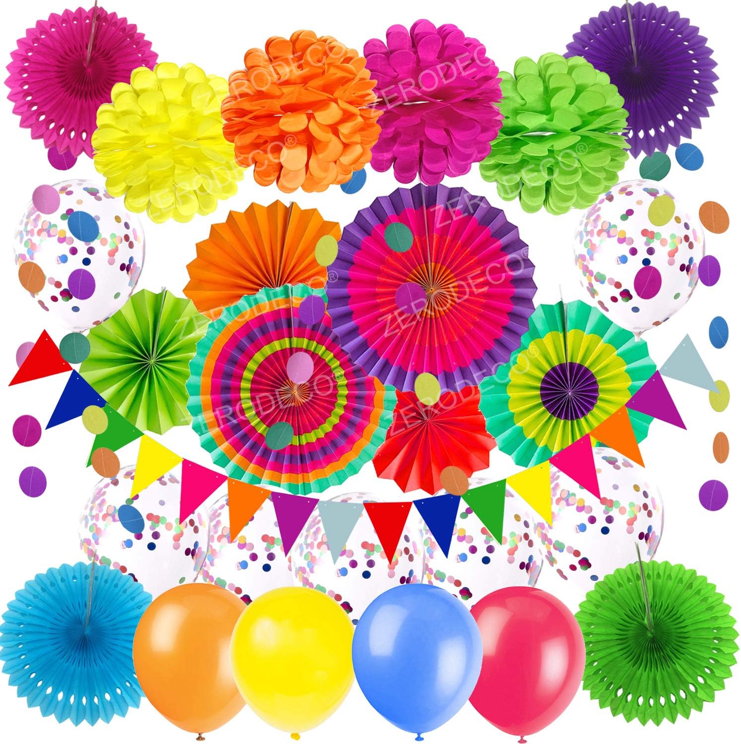 ZERODECO Party Decoration, Multi-colored Paper Fans Pom Poms Flowers Garlands Confetti Latex Balloons String Polka Dot Triangle Bunting Flags for Birthday Cinco De Mayo Fiesta Mexican Party