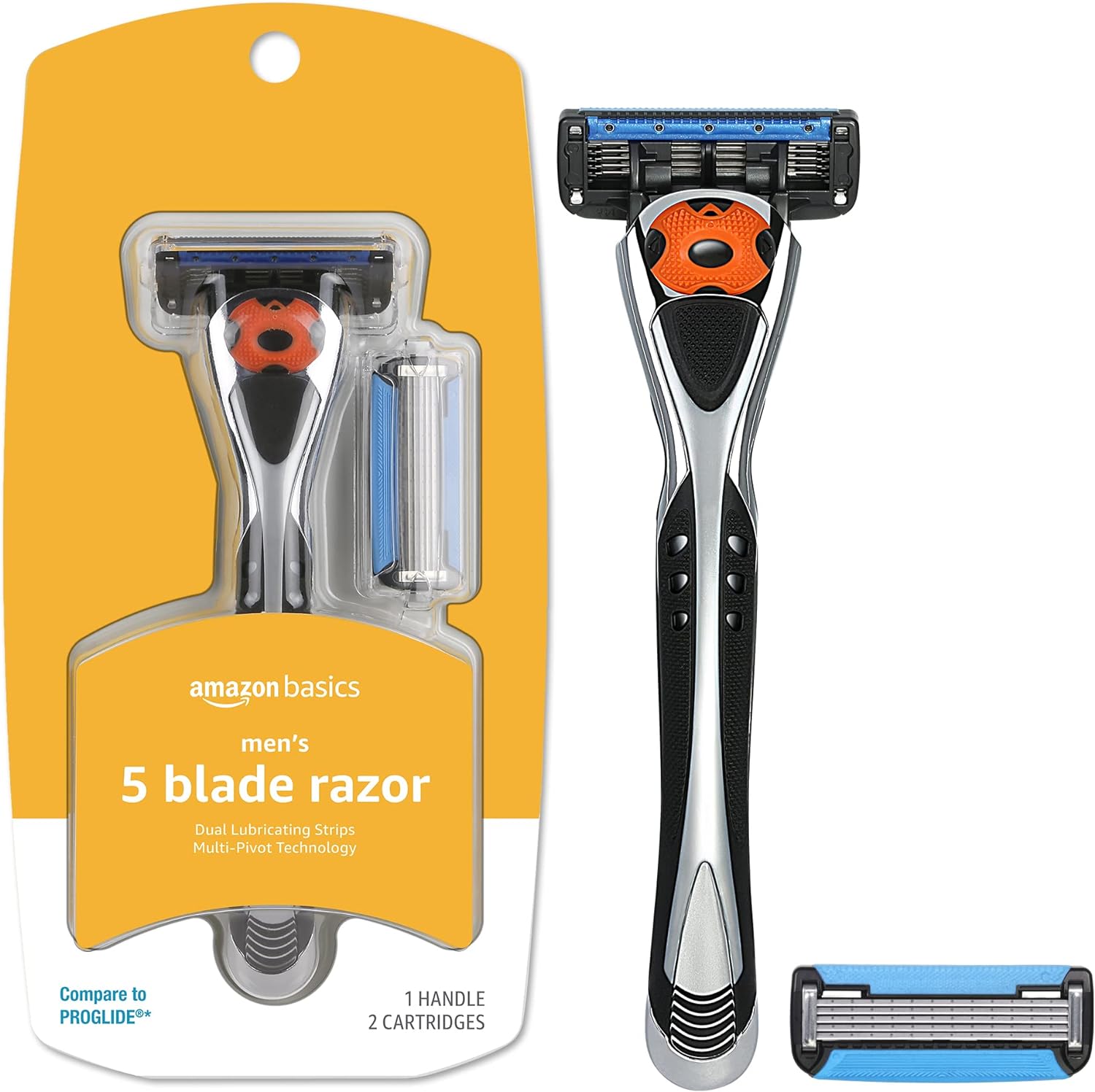 Amazon Basics 5-Blade MotionSphere Razor for Men with Dual Lubrication and Precision Beard Trimmer, Handle & 2 Cartridges (Cartridges fit Razor Handles only)