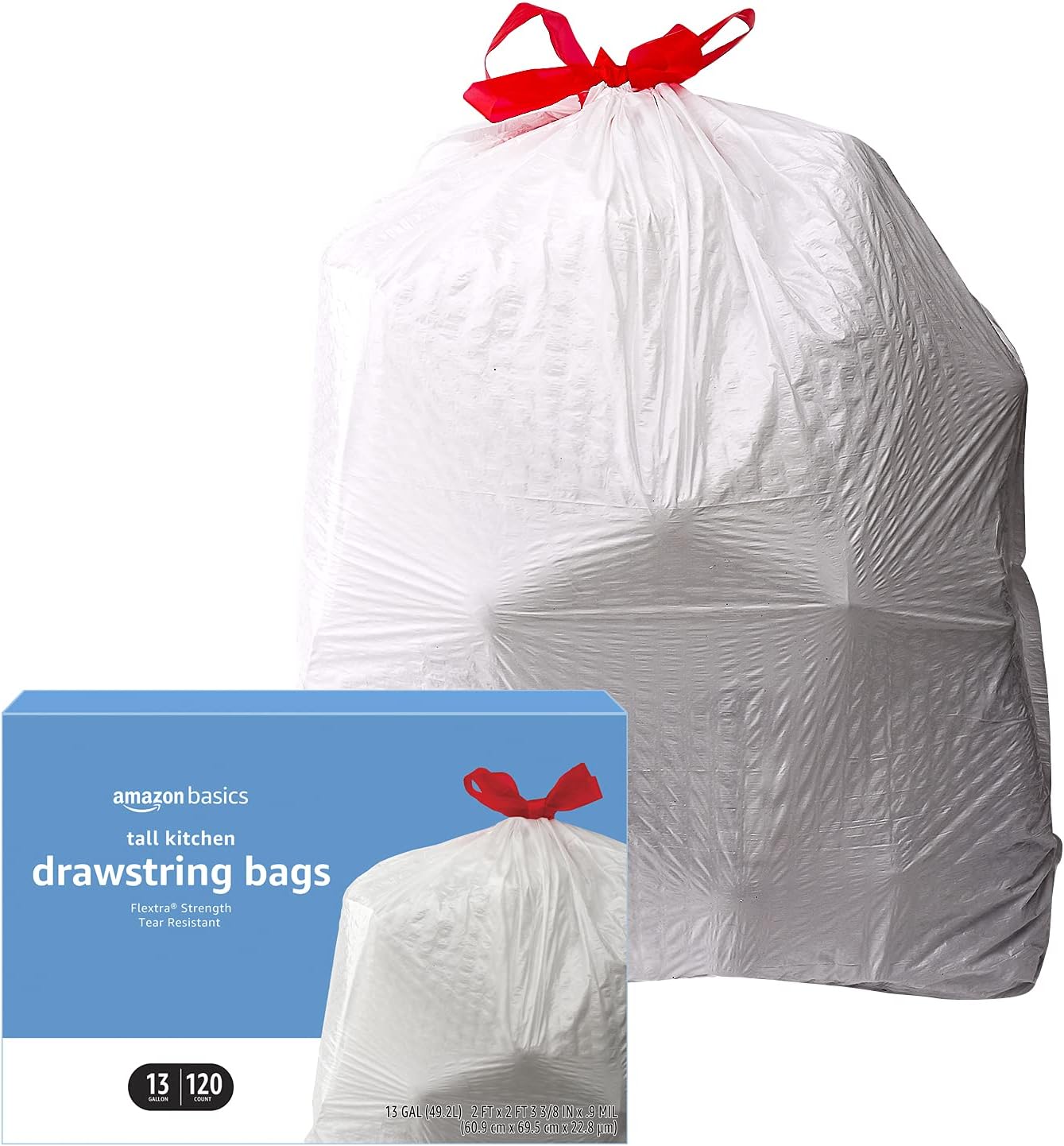 Amazon Basics Flextra Tall Kitchen Drawstring Trash Bags, Unscented, 13 Gallon, 120 Count