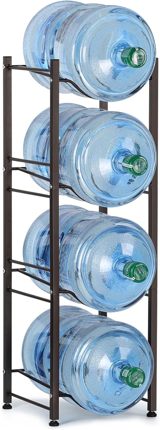 LIANTRAL 5 Gallon Water Jug Holder, Heavy Duty Water Rack Freestanding Water Bottle Organizer for Home Office, 4 Tiers, Dark Brown