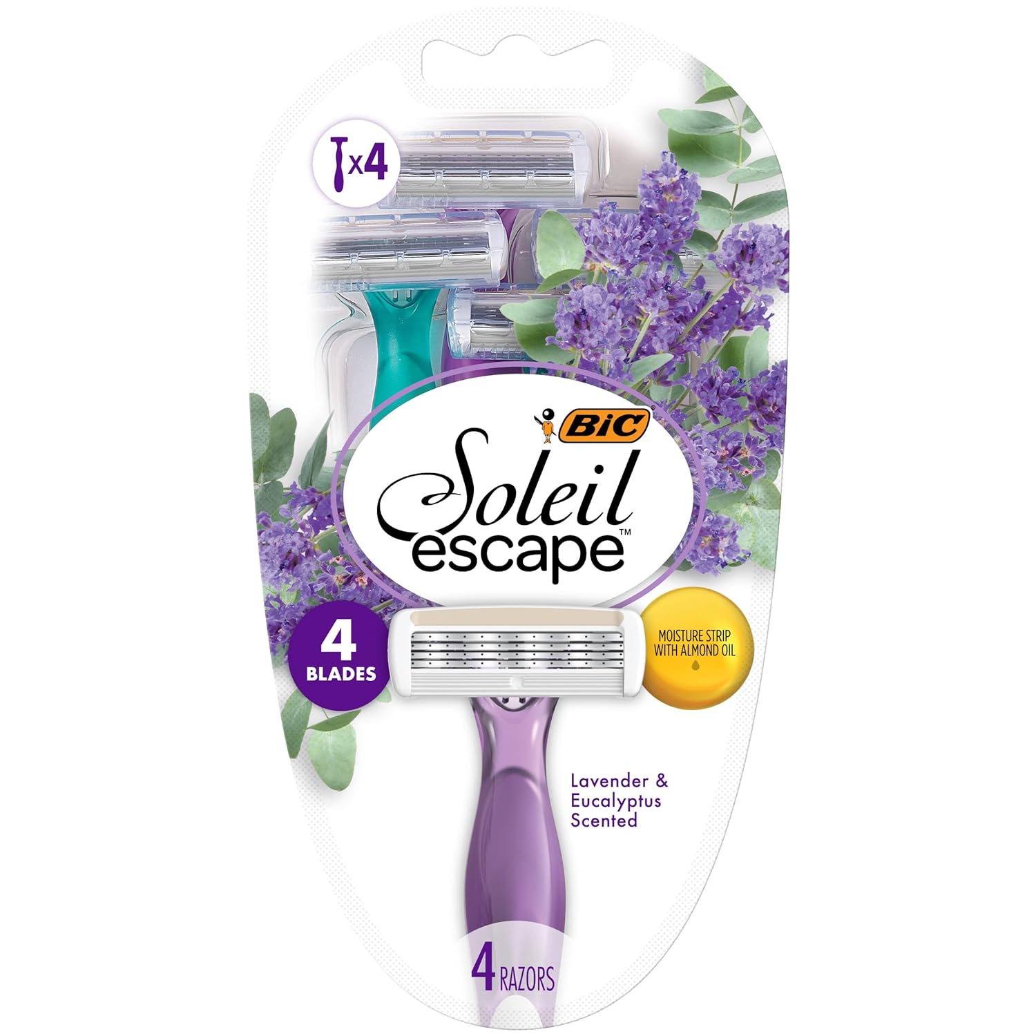 BIC Soleil Escape Women' Disposable Razors, 4 Blade Ladies Razors, Moisture Strip With 100% Natural Almond Oil, Lavender and Eucalyptus Scented Handles, 4 Pack