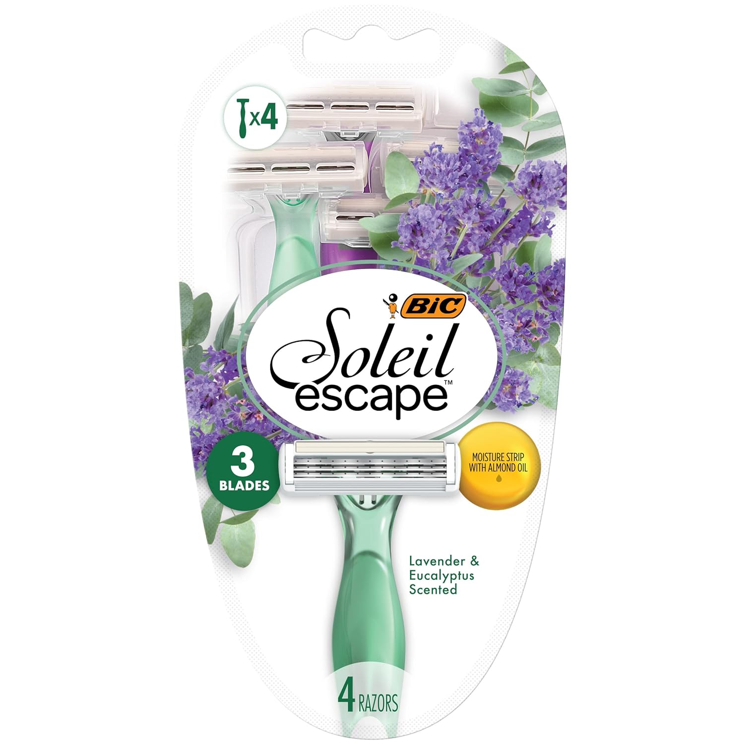 BIC Soleil Escape Women' Disposable Razors, 3 Blade Razor, Moisture Strip With 100% Natural Almond Oil, Lavender and Eucalyptus Scented Handles, 4 Pack Disposable Razors For Women Green