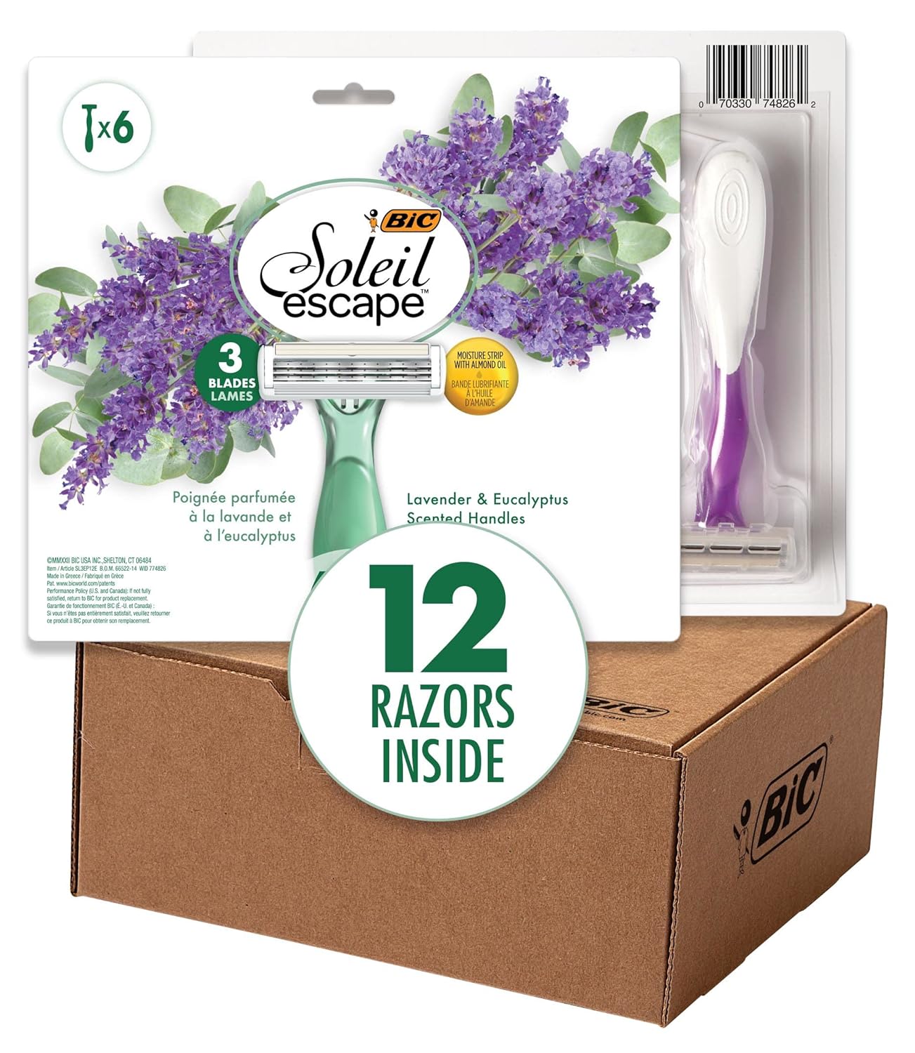 BIC Soleil Escape Women' Disposable Razors With 3 Blades for a Sensorial Experience and Comfortable Shave, Pack of Lavender & Eucalyptus Scented Handle Shaving Razors for Women, 12 Count Green