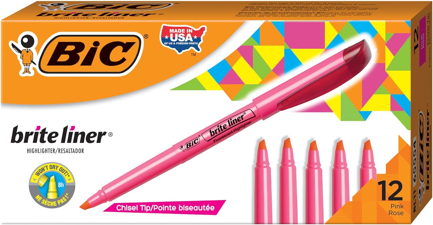 BIC Brite Liner Highlighter, Chisel Tip For Broad Highlighting & Fine Underlining, Pink, 12-Count