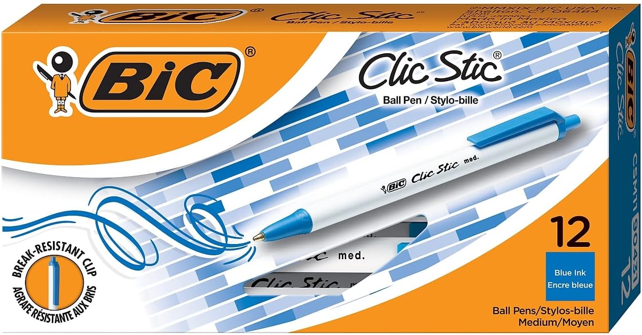 BIC Clic Stic Retractable Ball Pen, Medium Point (1.0mm), Blue, 12-Count