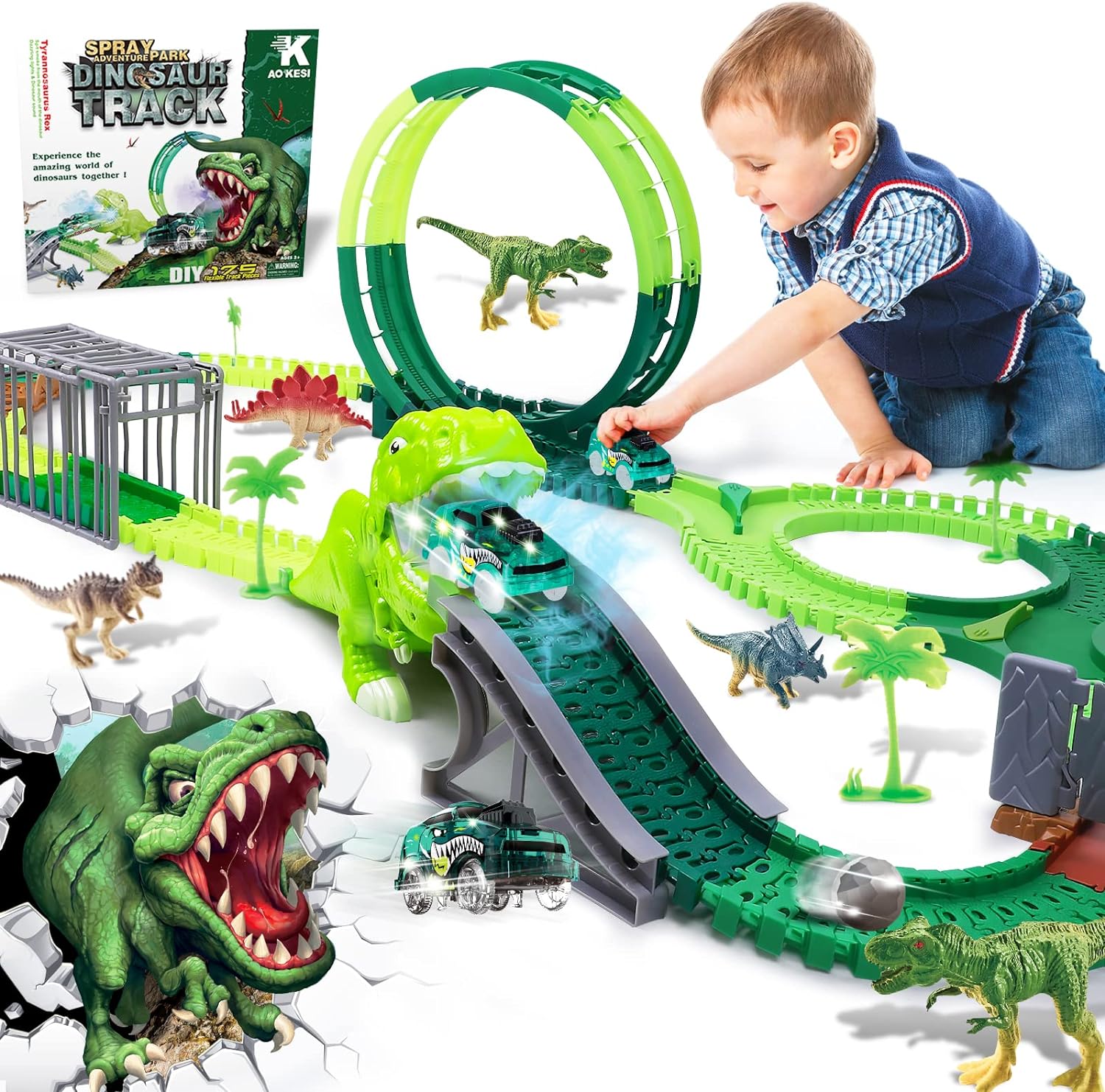 Dinosaur Toys Race Car Track, Spray Dinosaur Racing Car Tracks Toy, Flexible Tracks with 360 Loop, Create a Road Dinosaur Escape World for Christmas & Birthday Gift for Boys Girls Kids
