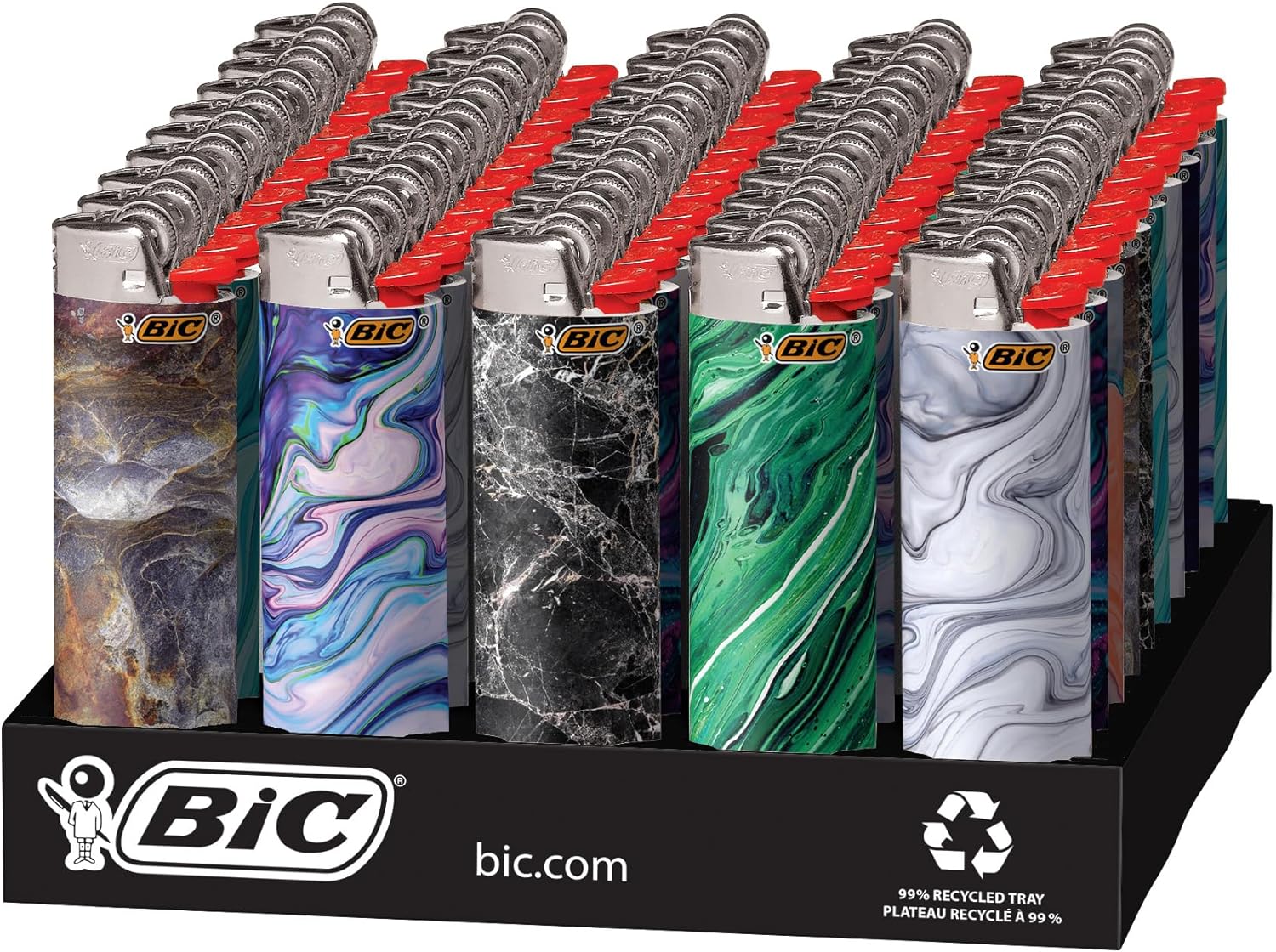 BIC Pocket Lighter, Special Edition Marble Collection, Assorted Unique Lighter Designs, 50 Count Tray of Lighters