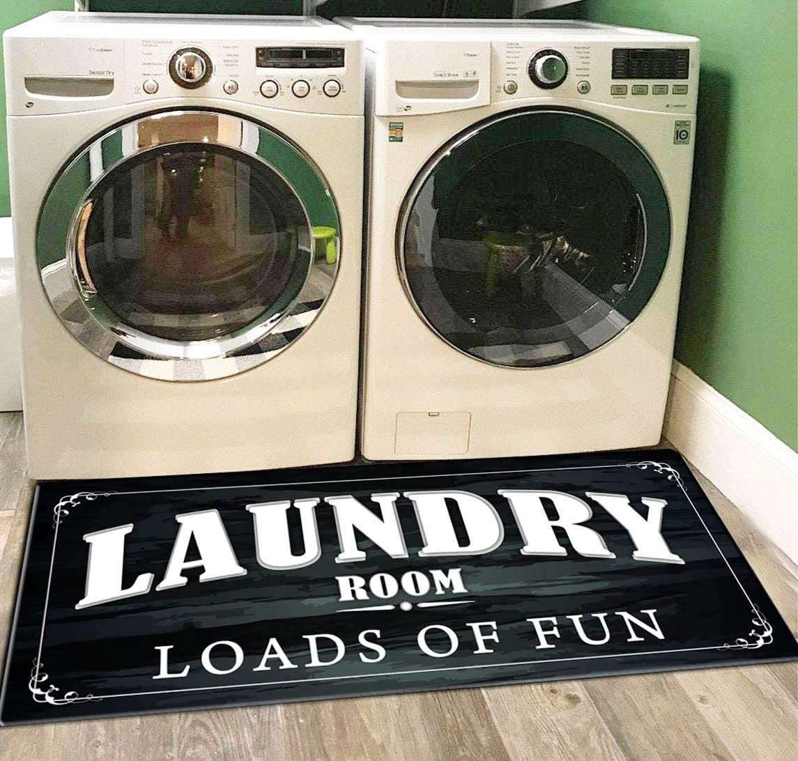 The mat is perfect for the laundry room...goes the length of both the dryer and washer. It stays in place and even after walking on it, does not walk across the floor as some mats do. It is slightly padded so nice to stand on. Easy to wipe clean when necessary. Makes me smile when I go into the laundry room as it is nice and bright and looks great. Love the sentiment...Loads of fun!!