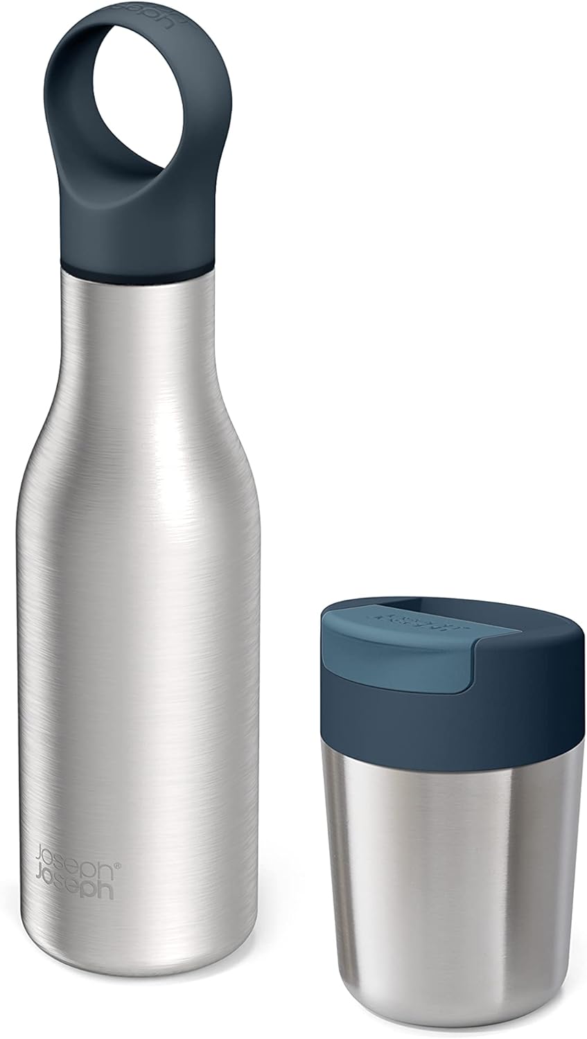 Joseph Joseph Refill Reuse Repeat 2-piece Travel Mug & Bottle Set, Stainless Steel, reusable coffee cup and insulated thermal bottle