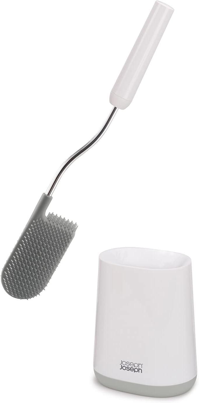 Joseph Joseph Flex Lite Silicone Toilet Brush with Slimline Holder Set, Flexible Head, drip, Anti-Clog deep Clean, 1 EA, Grey/White