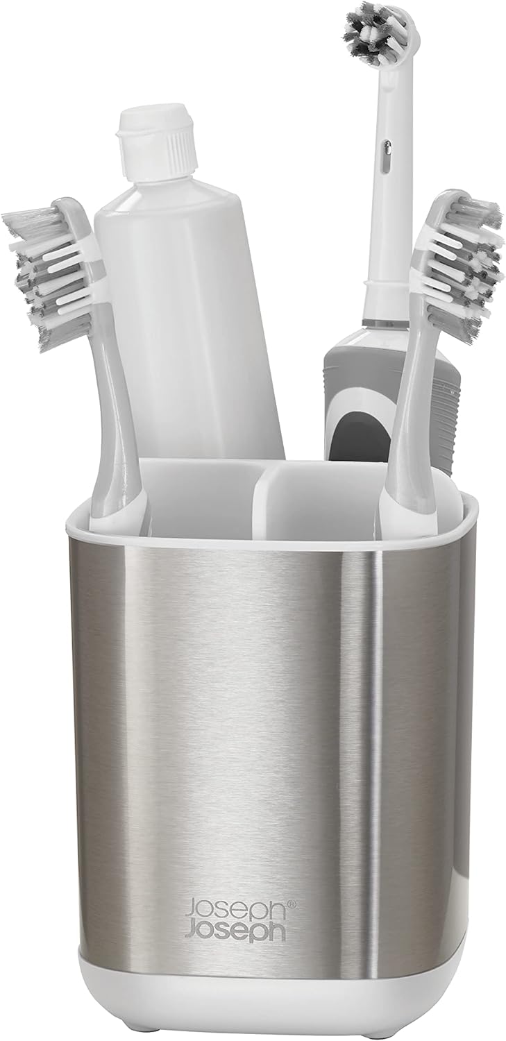 Joseph Joseph EasyStore Stainless-Steel Toothbrush Holder Bathroom Storage Organizer Caddy, Small