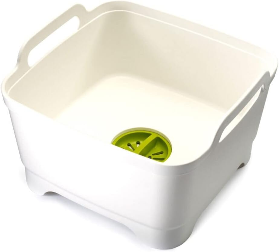 Joseph Joseph 85055 Wash & Drain Wash Basin Dishpan with Draining Plug Carry Handles 12.4-in x 12.2-in x 7.5-in, White