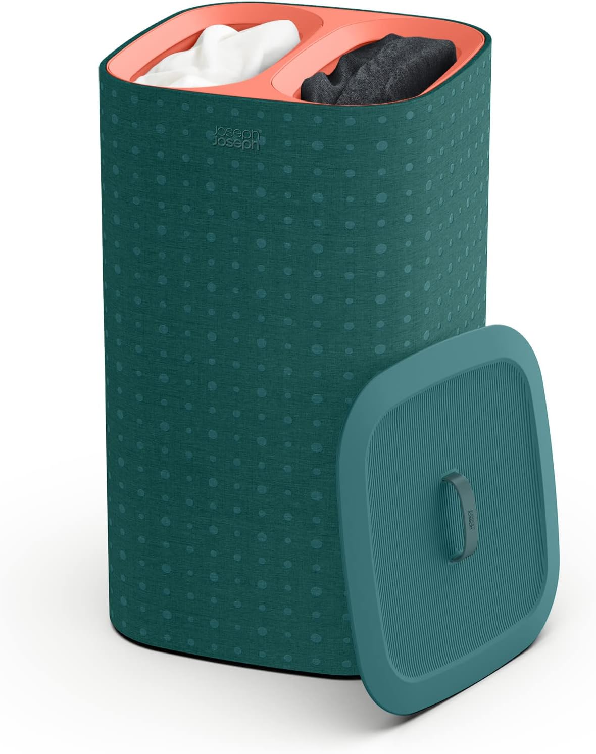 Joseph Joseph Tota Pop - 60-liter Laundry Hamper Separation Basket with lid, 2 Removable Washing Bags with Handles- Green/Coral