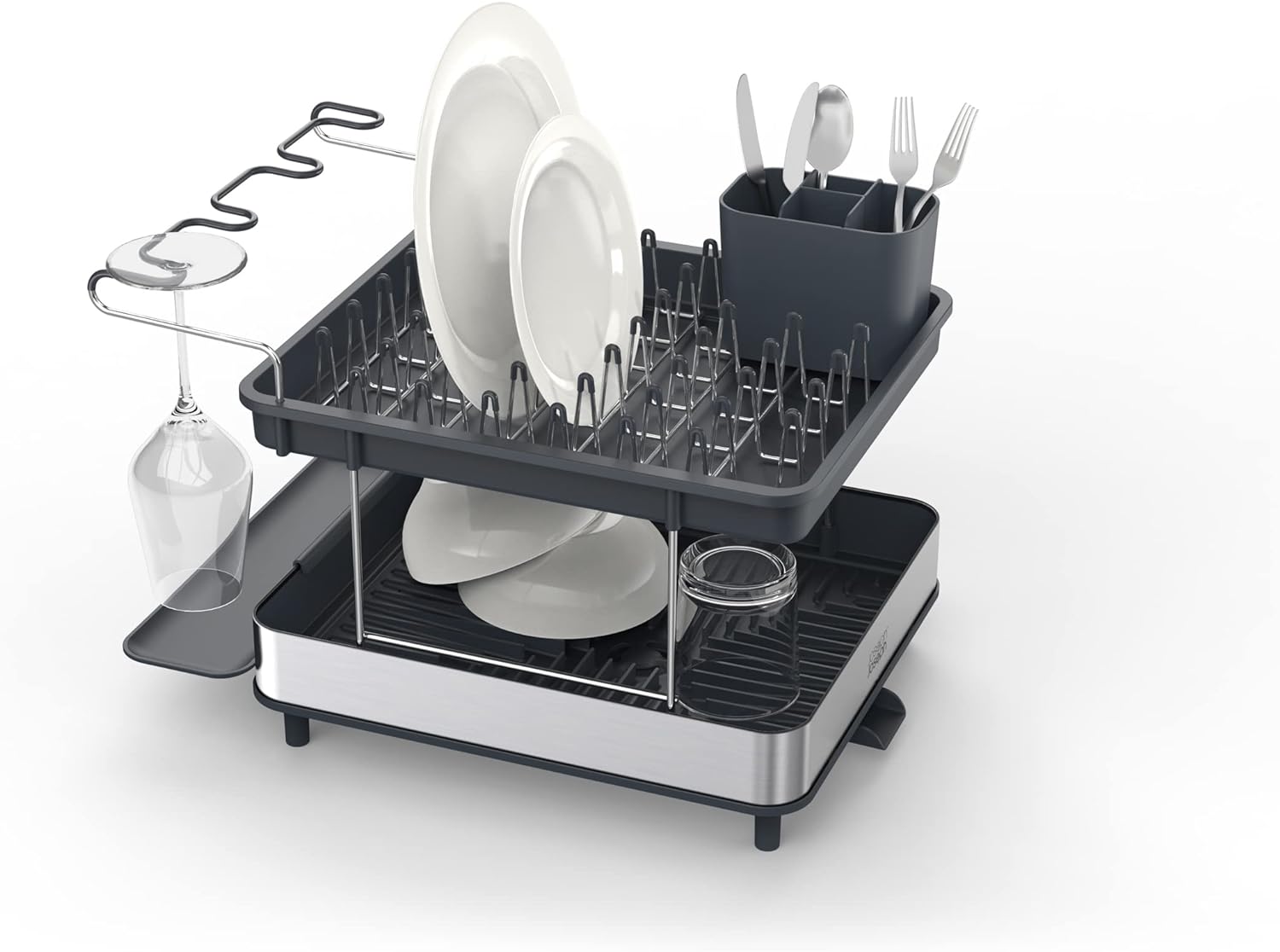 Joseph Joseph Dish Drying Rack with Wine Glass Holder - Space-Saving 2-Tier Design with Fast Draining System