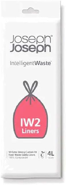 Joseph Joseph Intelligent IW2 Bin Liners Custom Fit Bags for Food Waste Caddy 1 Gallon / 4 Liter 100% Compostable, 50 Count (Pack of 1), Clear