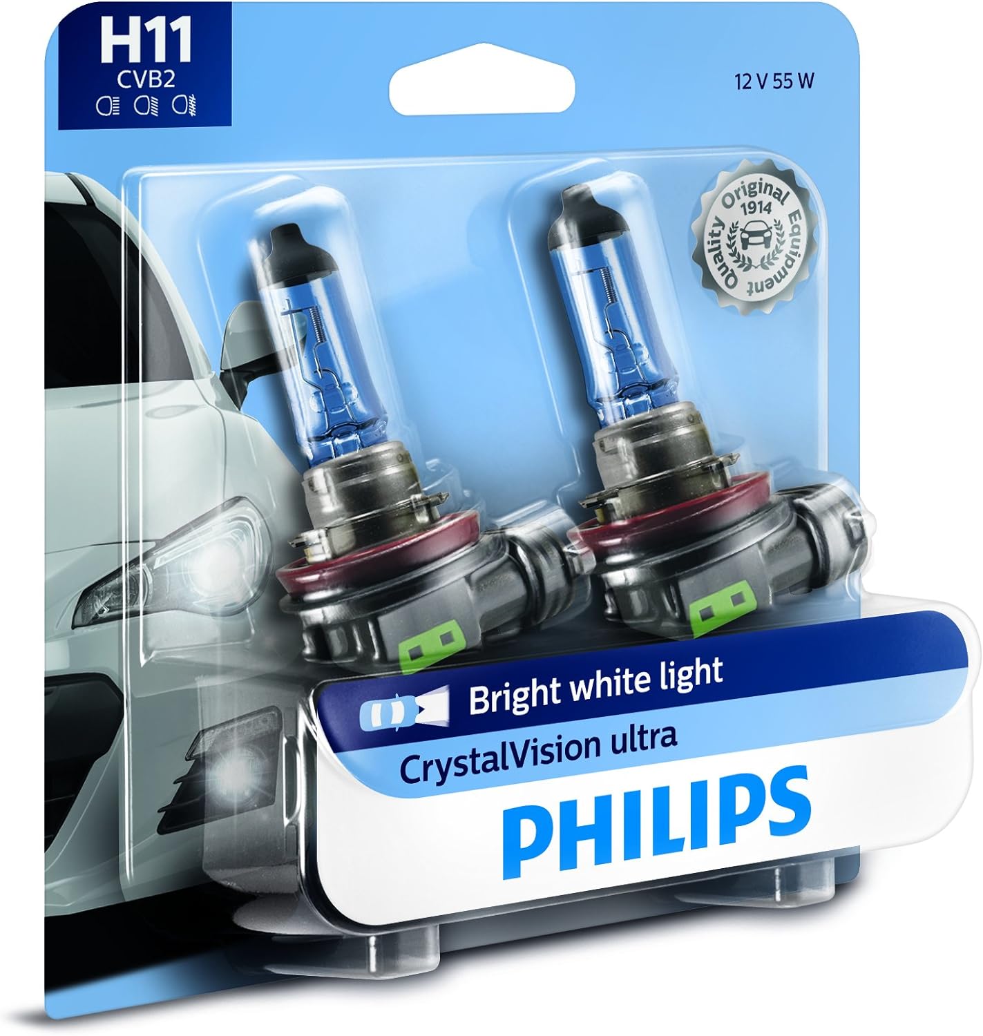 Philips H11 CrystalVision Ultra Upgraded Bright White Headlight Bulb, 2 Pack