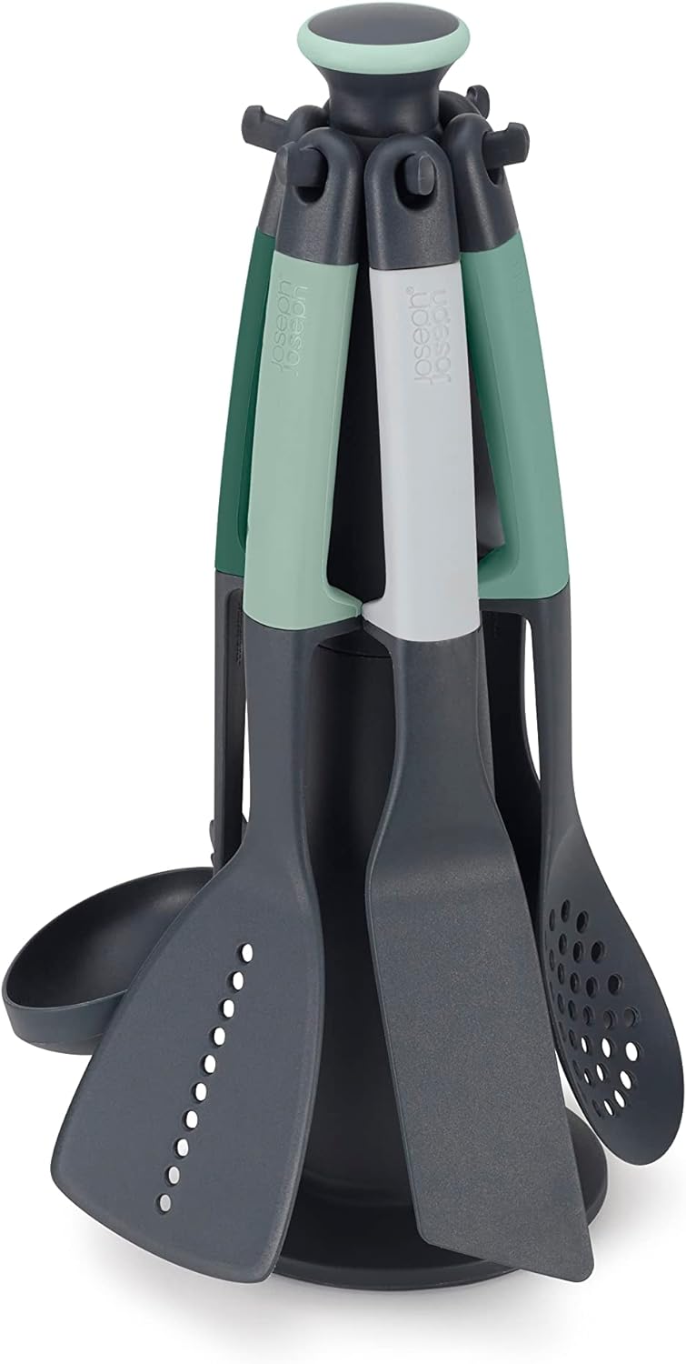 Joseph Joseph Elevate - Kitchen tools & gadgets Carousel 6-Piece Utensil Set with rotating stand, Ergonomic silicone handles, non stick head- Sage Green