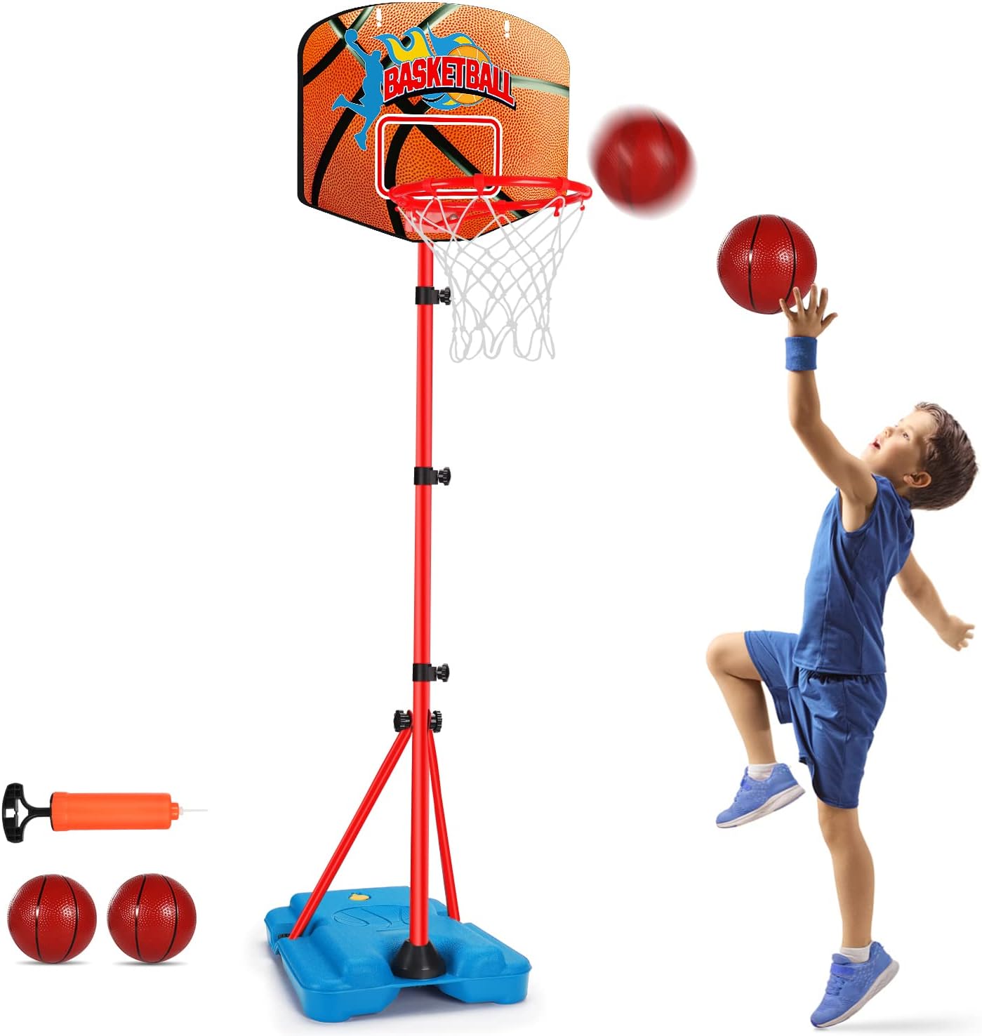 Toddler Basketball Hoop Stand Adjustable Height 2.5 ft -6.2 ft Mini Indoor Basketball Goal Toy with Ball Pump for Kids Boys Girls 2 3 4 5 6 7 8 Years Old Outdoor Outside Toys 1-3 4-8 Yard Games