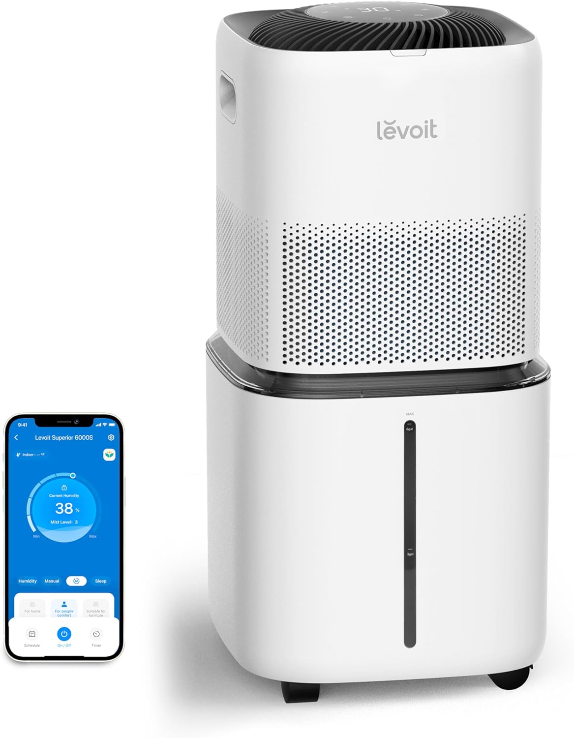 LEVOIT Superior 6000S Smart Evaporative Humidifiers for Home Whole House up to 3000ft, 6 Gal, Last 72-Hour, Premium Filter, Dry Mode, Wheels & Water Fill Hose & Foldable Storage - Quiet Sleep Mode