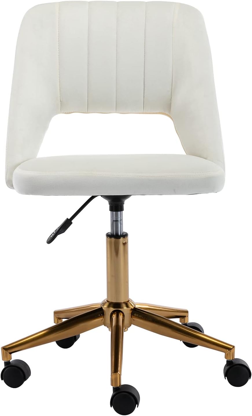 ZSARTS Velvet Armless Desk Chair, Cute Office Chair Open Back Upholstered Adjustable Vnaity Chair Task Chair with Gold Base for Small Space Home Office Make Up,White