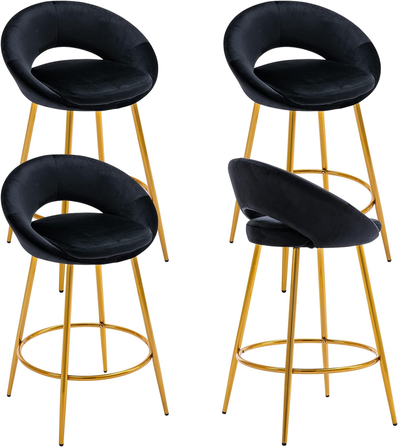 ZSARTS Velvet Counter Height Bar Stools Set of 4, 26 Modern Bar Chairs with Hollow Back Kitchen Island Barstools with Gold Legs and Footrest for Home Bar Dining Room Pub(Black)