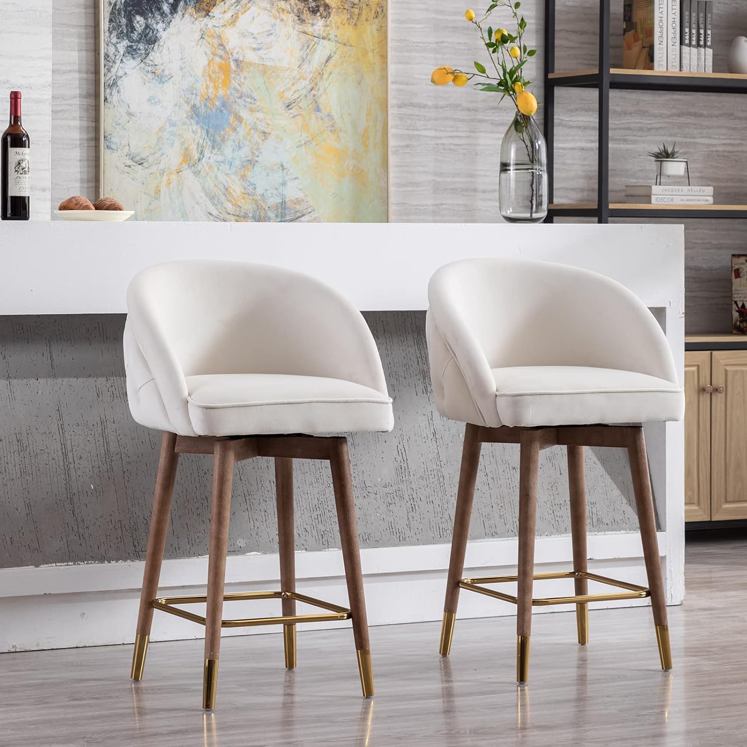 ZSARTS Cream Velvet Counter Height Bar Stools Set of 2, 26 Swivel Barstools with Back Upholstered Kitchen Island Stool with Wood Legs and Gold Footrest for Pub Home Bar Dining Room, Cream