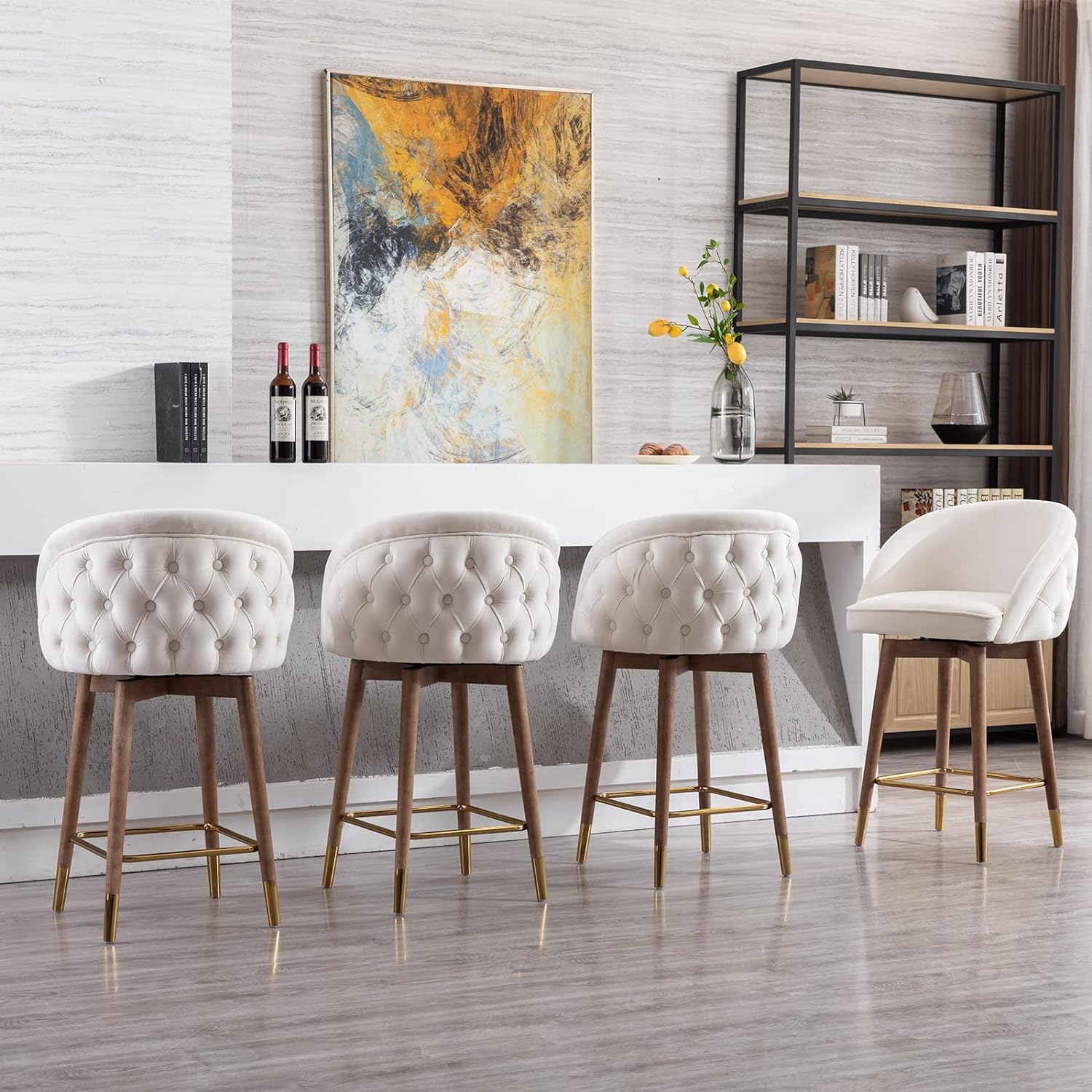 ZSARTS Cream Velvet Counter Height Bar Stools Set of 4, 26 Swivel Barstools with Back Upholstered Kitchen Island Stool with Wood Legs and Gold Footrest for Pub Home Bar Dining Room, Cream