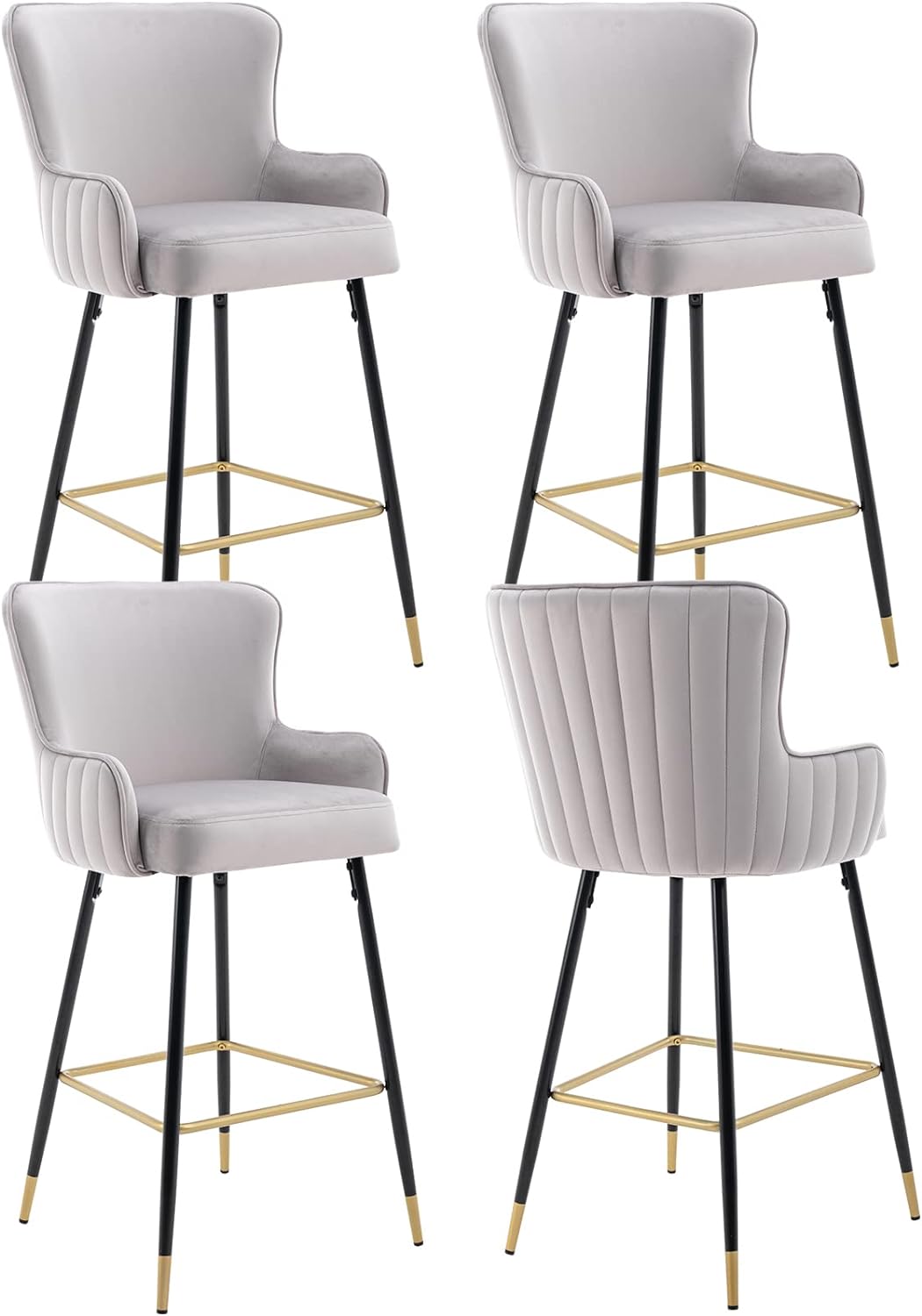 ZSARTS Grey Velvet Bar Stools Set of 4, 30 Gold Barstools Upholstered Kitchen Island Stools Modern Wingback High Dining Chairs with Footrest for for Home Bar Dining Room Pub (Grey)