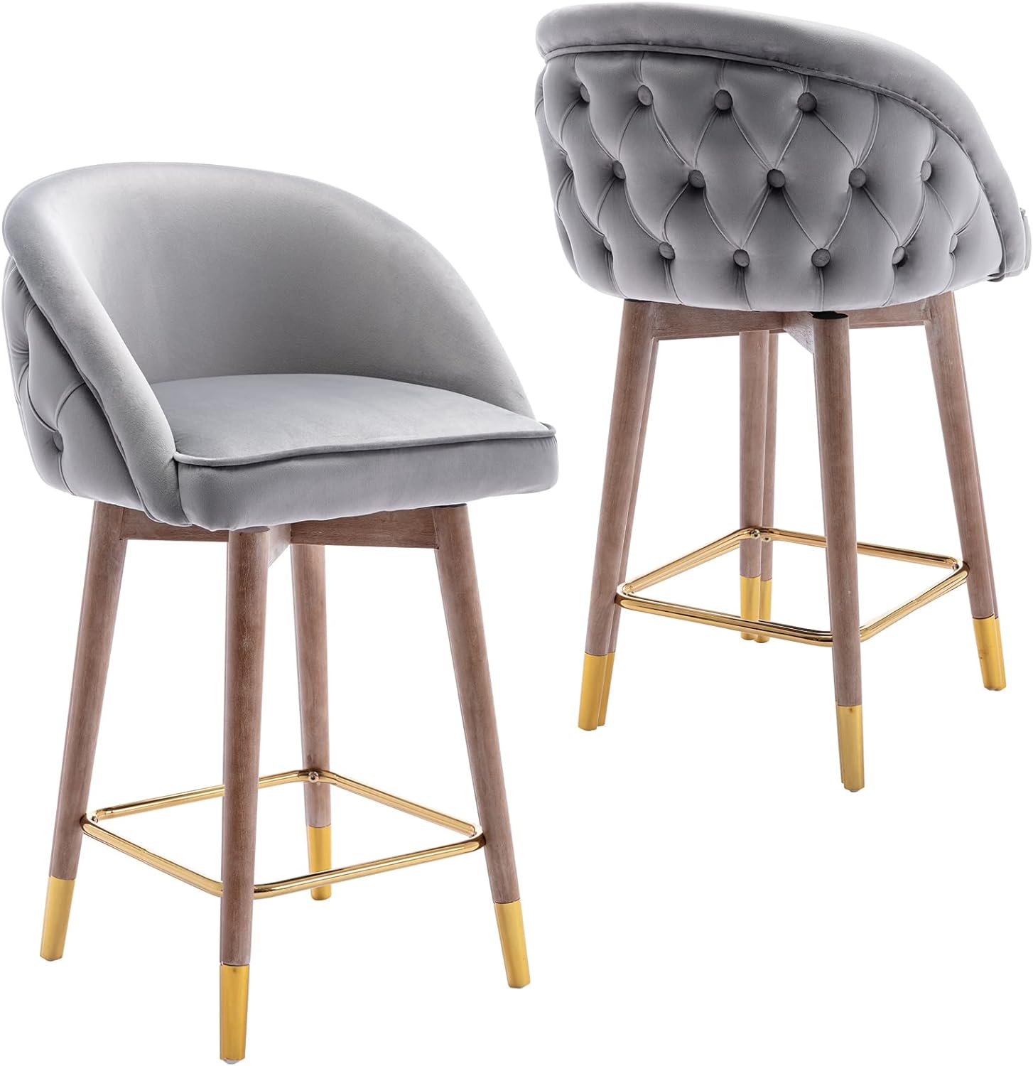 ZSARTS Velvet Counter Height Bar Stools Set of 2, 26 Swivel Wooden Barstools Tufted Button Back Upholstered Kitchen Island Stools with Wood Legs and Gold Footrest for Pub Home Bar Dining Room, Gray